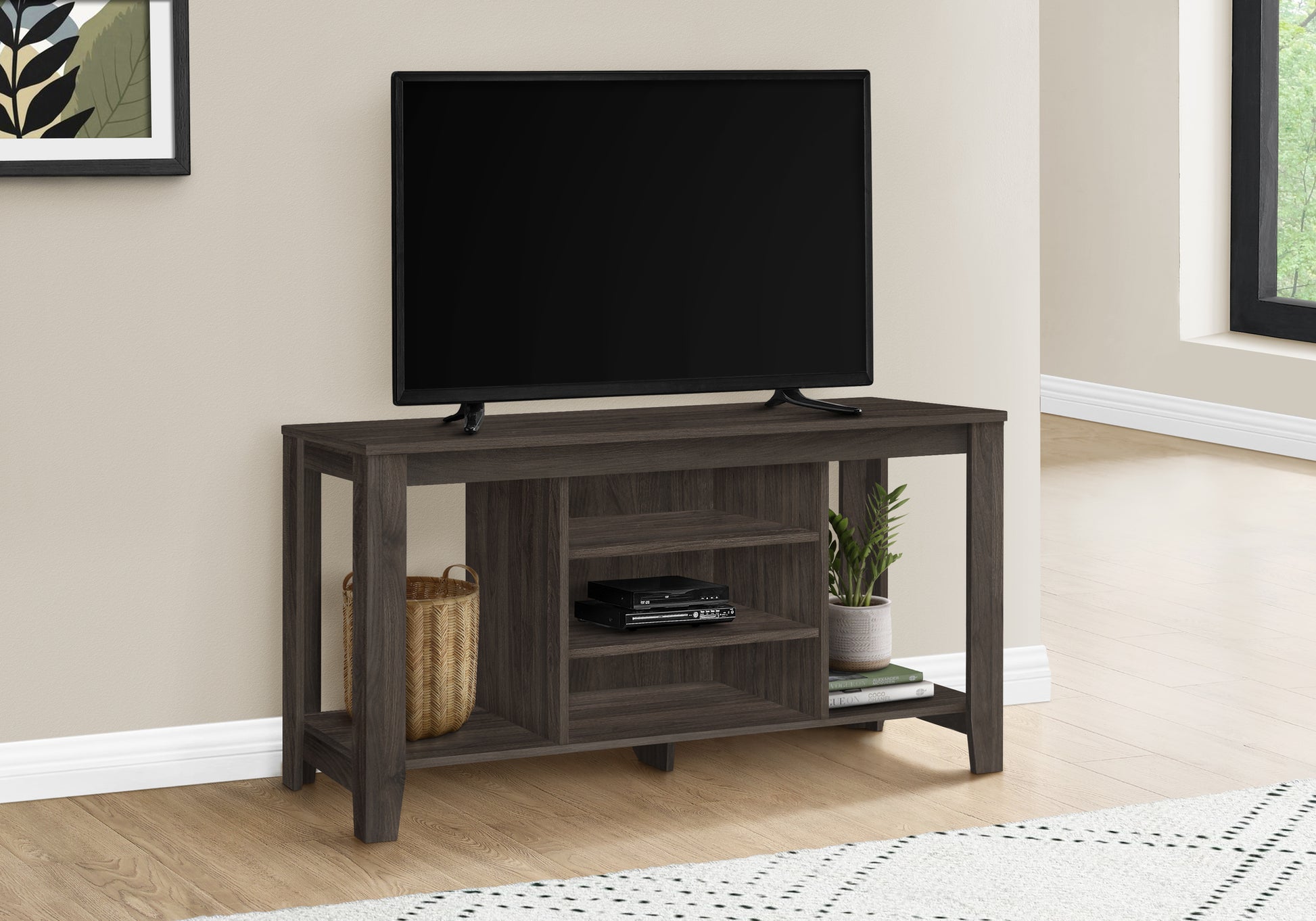 Tv Stand, 48 Inch, Console, Media Entertainment Center, Storage Shelves, Living Room, Bedroom, Brown Laminate, Contemporary, Modern Brown 70 79 Inches Particle Board