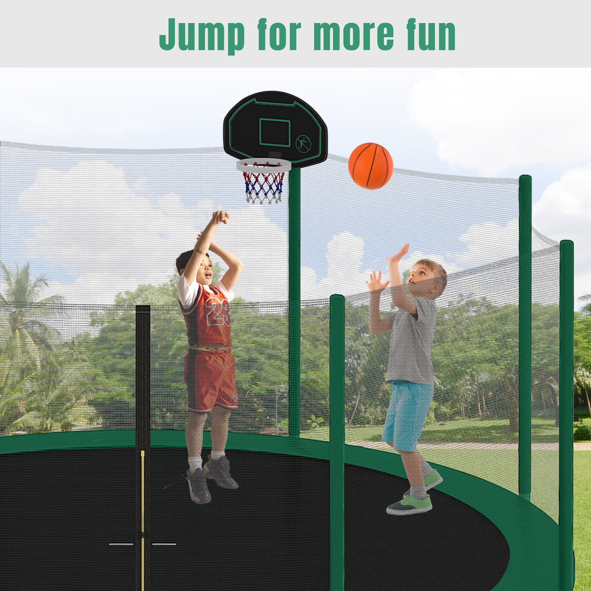 14Ft Trampoline For Kids With Safety Enclosure Net, Basketball Hoop And Ladder, Easy Assembly Round Outdoor Recreational Trampoline Green Metal