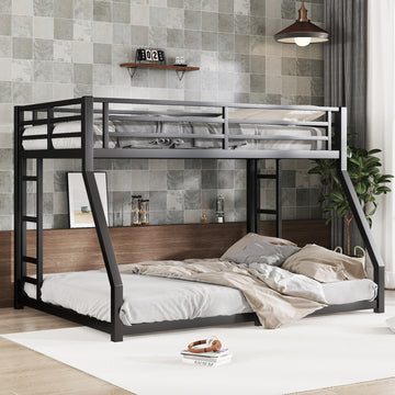 Metal Full Xl Over Queen Bunk Bed For Teens And Adults, Noise Reduced No Box Spring Needed, Black Full Xl Black Metal