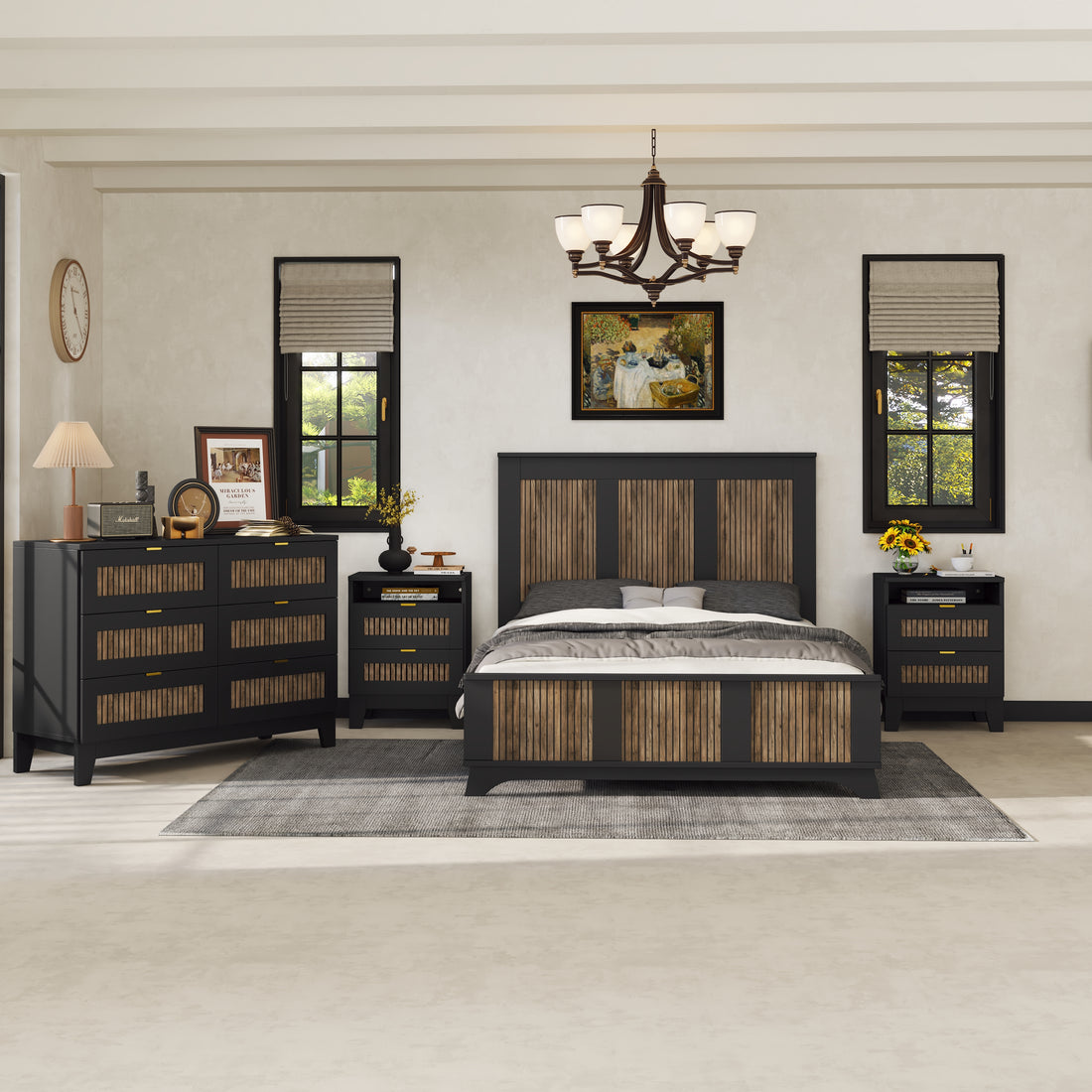 4 Pieces Bedroom Sets, Full Size Farmhouse Platform Bed With Wooden Strip Decoration, Storage Nightstand And Dresser With Metal Handle, Black Full Black 4 Piece Set Particle Board