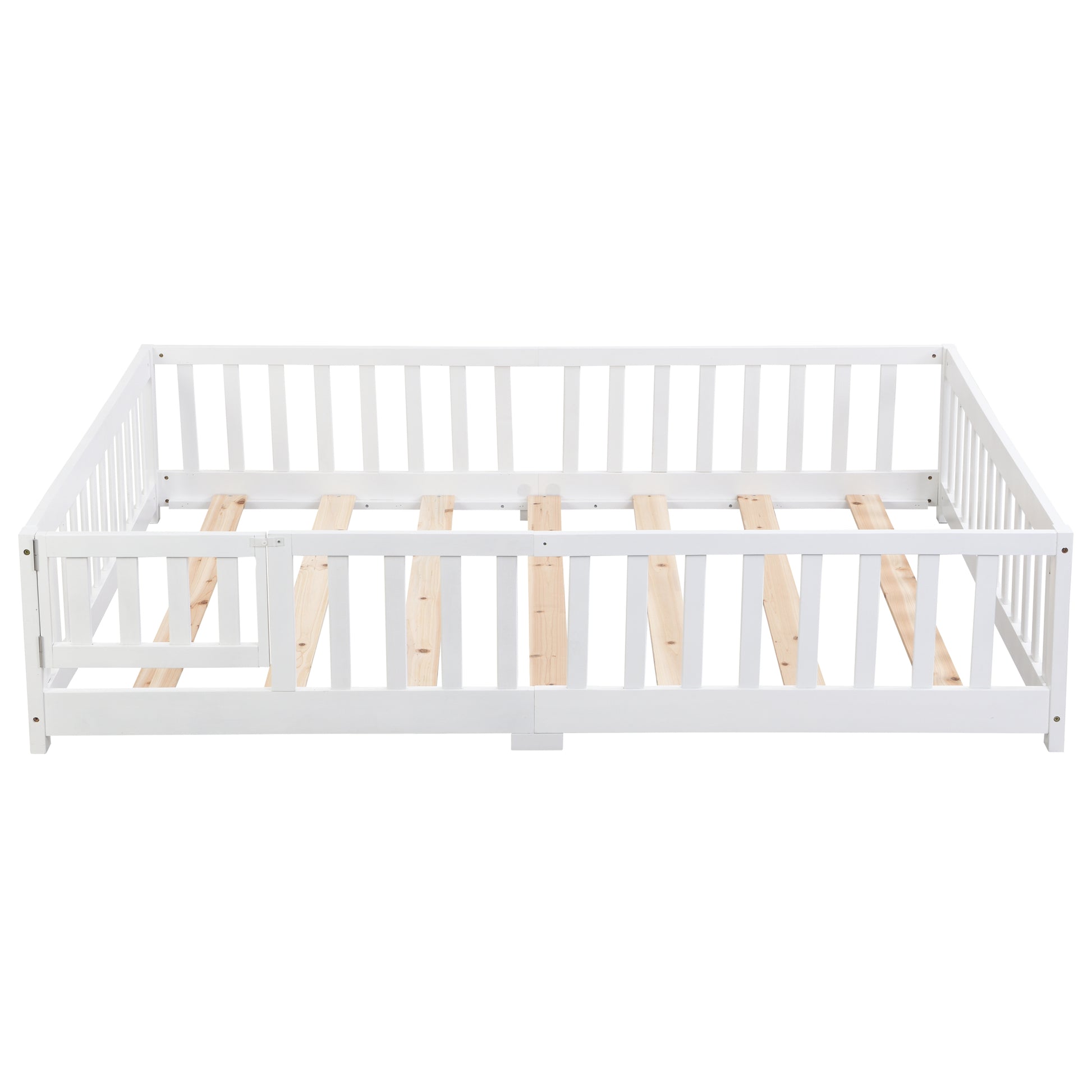 Full Size Floor Bed With Door,Solid Wood Platform Bed Frame With Fence,Suitable For Children,Pine Wood,White Full White Wood