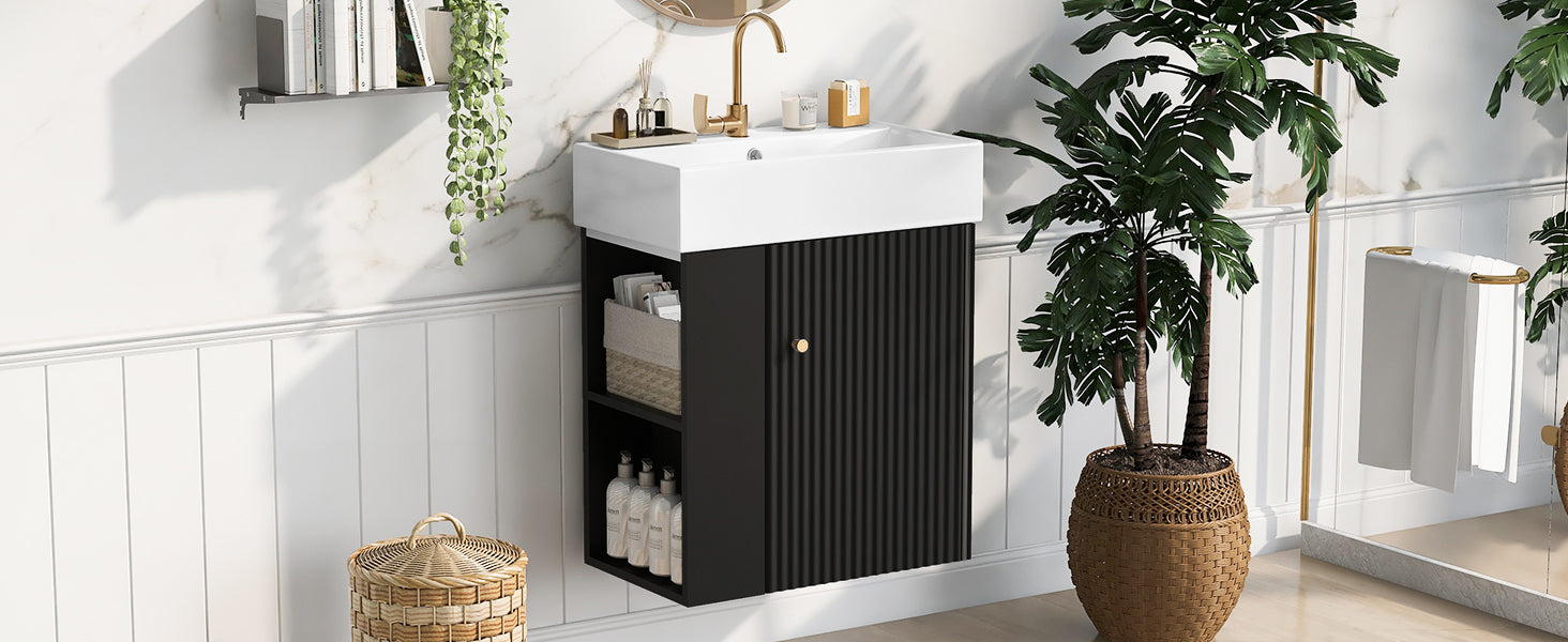 Video 21.6 Inch Modern Floating Bathroom Vanity With Ceramic Basin Perfect For Small Bathrooms, Left Side Storage Black Bathroom Ceramic Mdf