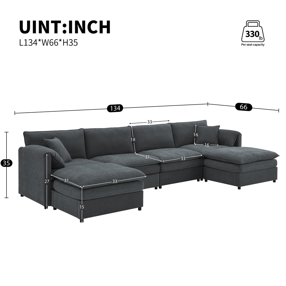 134*66" Chenille Modular Sectional Sofa,U Shaped Cloud Couch Set With Double Cushions ,6 Seat Sleeper Sofa Bed With Ottomans,Oversized Indoor Furniture For Living Room, 3 Colors Dark Gray Chenille 6