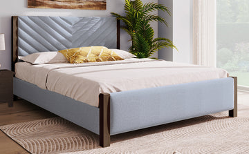 Modern Mid Century Queen Upholstered Platform Bed Frame With Tufted Headboard And Solid Wood Legs,No Box Spring Needed,Gray Box Spring Not Required Queen Gray Wood Bedroom Mid Century Modern,Modern Bed Frame Linen Wood