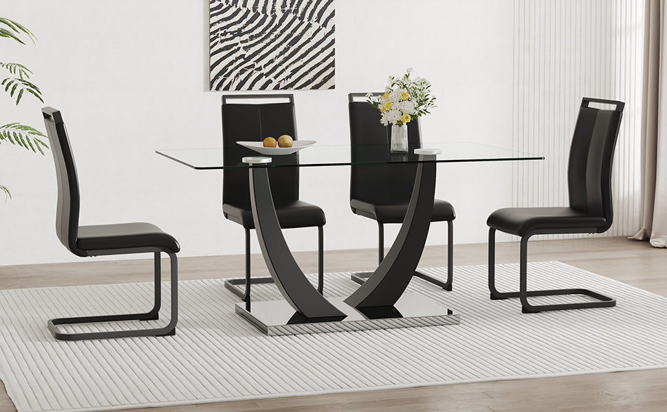 Table And Chair Set.Large Rectangular Glass Dining Table, 0.39 "Tempered Glass Countertop And Black Metal Shaped Bracket.Comes With Chairs With Faux Leather Cushions.Suitable For Kitchen, Dining Room. Black Seats 4 Glass Metal