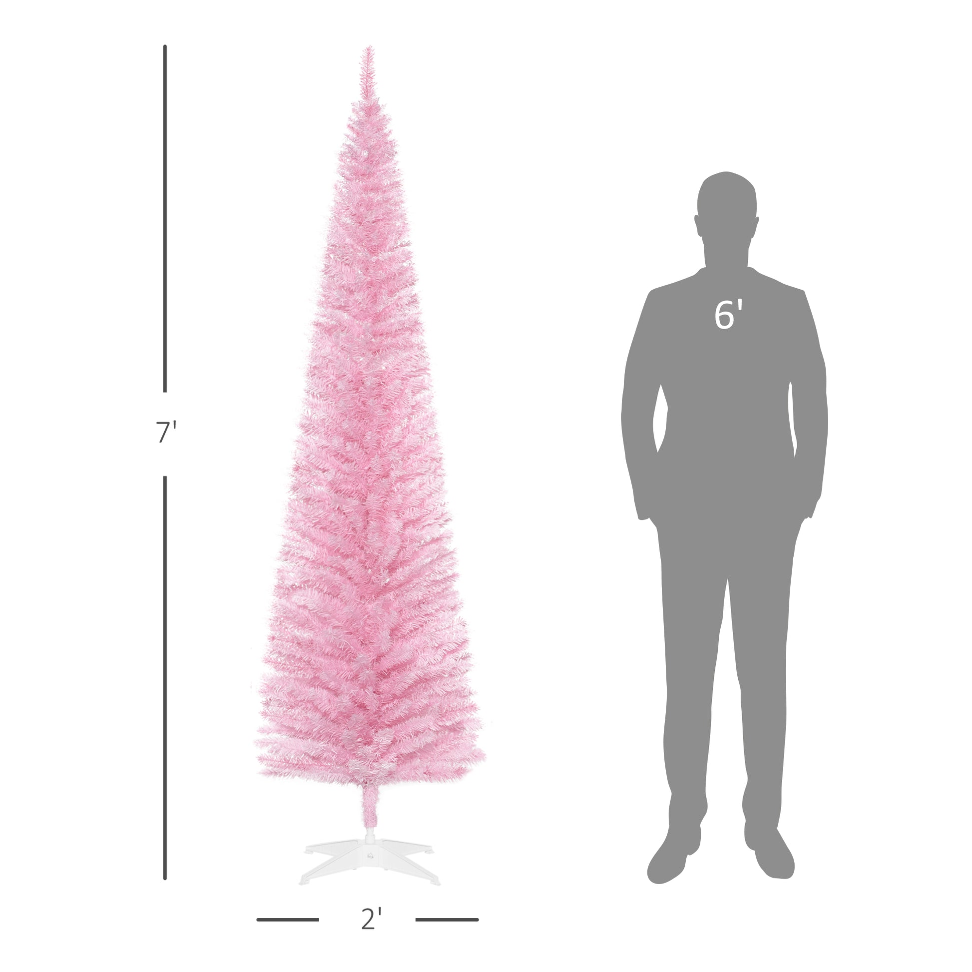 Homcom 7' Artificial Pencil Christmas Tree, Slim Xmas Tree With 499 Realistic Branch Tips And Plastic Stand, Pink Pink Polyvinyl Chloride