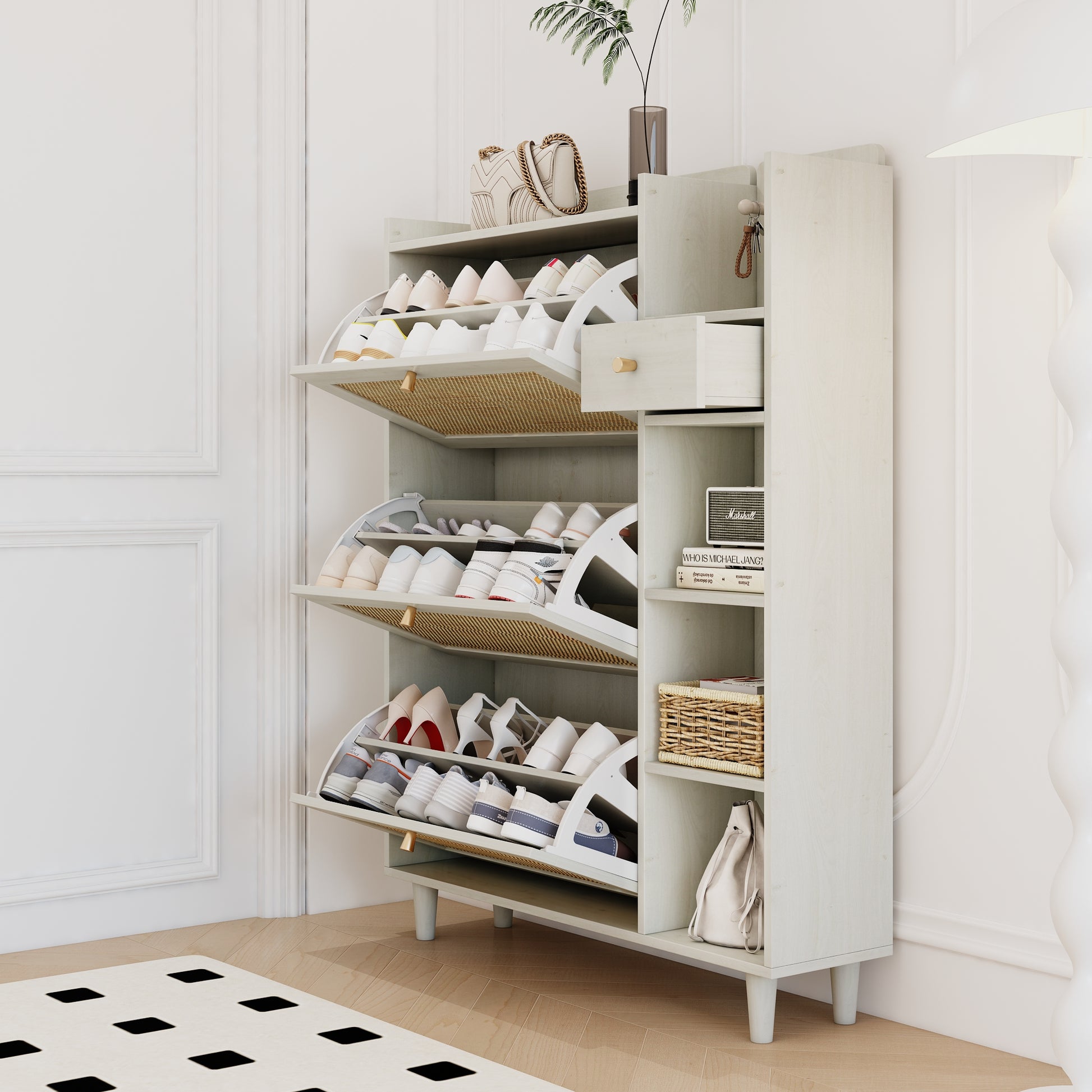 Natural Bohemia Style Shoe Cabinet, Shoe Rack Cabinet With 3 Rattan Flip Drawers,3 Square Shelves And 1 Storage Drawer, Shoe Organizer With Mulit Storage Space And Hooks For Hallway, Entryway, White Freestanding 3 4 Drawers Antique White Primary Living