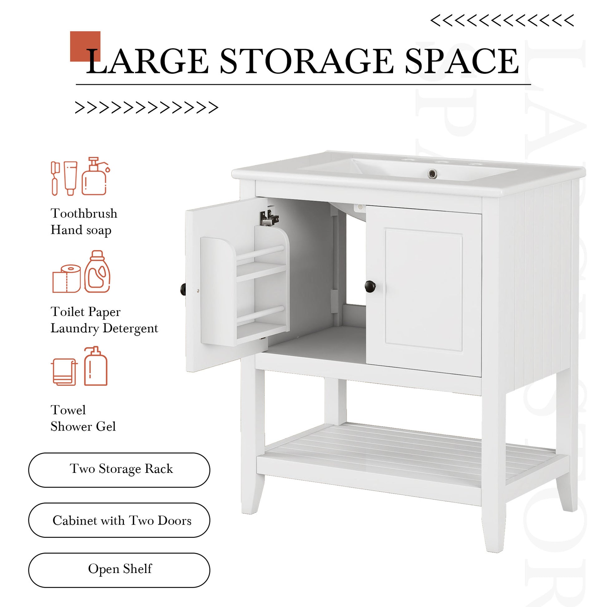 30" White Modern Sleek Bathroom Vanity Elegant Ceramic Sink With Solid Wood Frame Open Style Shelf & Door Shelf Design White Solid Wood