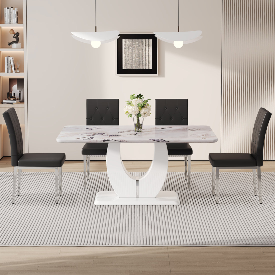 Table And Chair Set, Modern Minimalist White Marble Textured Rectangular Dining Table. Suitable For Restaurants And Living Rooms. Soft Cushion Seats.F 1280 White Mdf