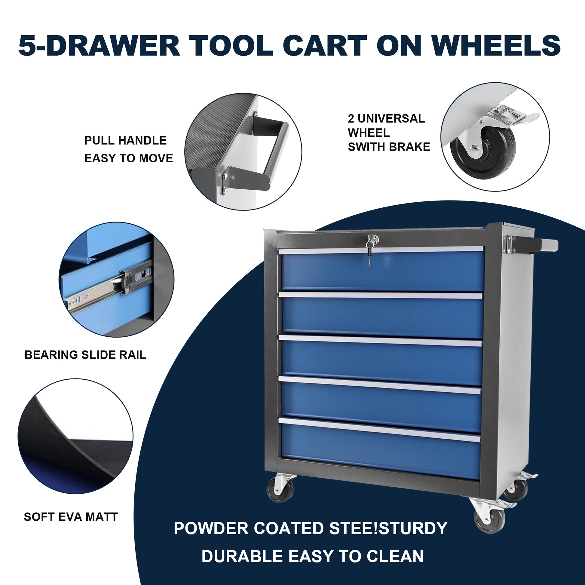 High Capacity Rolling Tool Chest With Wheels And Drawers, 5 Drawer Tool Storage Cabinet Blue Grey Iron