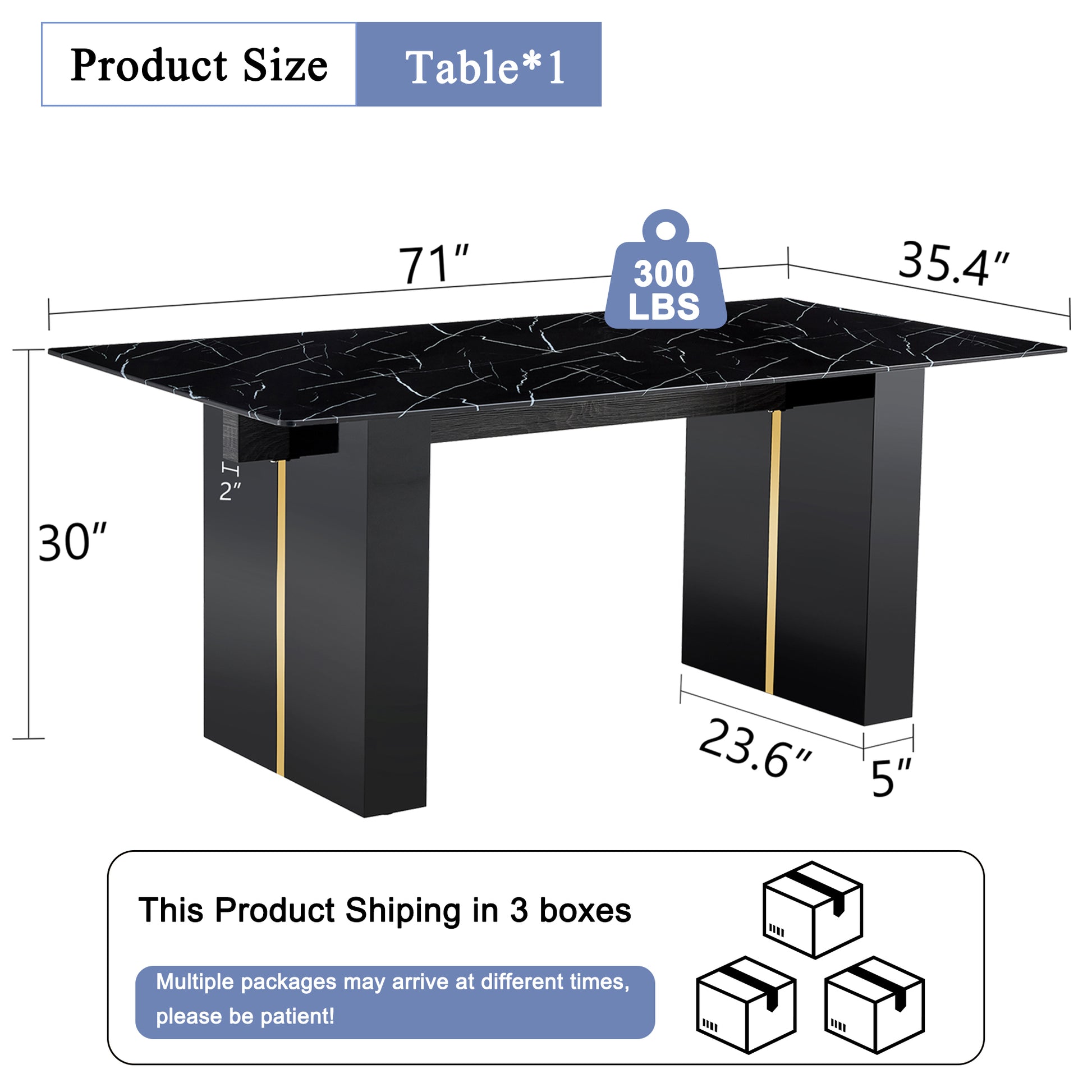 Large Modern Rectangular Table With 0.39 "Black Patterned Top And Large Mdf Legs, Suitable For Kitchen, Dining And Living Room 71" * 35.4 "* 30" 1546 Black Mdf Glass