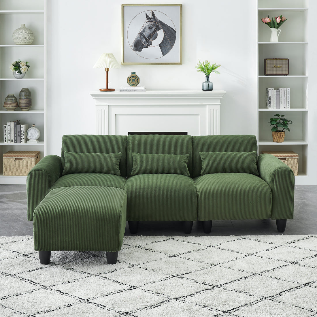 84.60 Inches Long,Corduroy Sofa Fabric, With 3 Matching Toss Pillows And 3 Seater Couch For Modern Living Room Green Corduroy 3 Seat