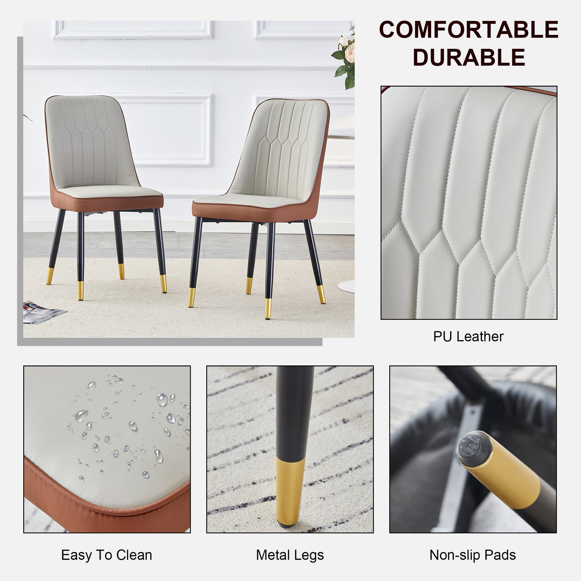 Table And Chair Set.A Morden Table With White Imitation Marble Patterned Stone Burning Tabletop With Golden Metal Legs.Paried With 4 Chairs With Pu Leather Backrest And Black Metal Legs. Grey Brown,White Gold Seats 4 Metal,Sintered Stone