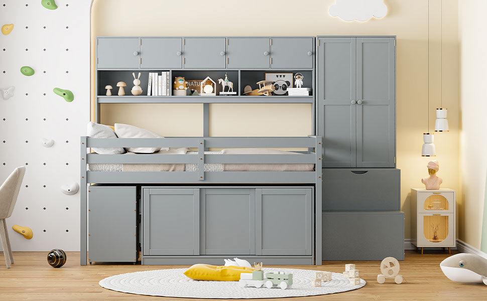 Full Size Wooden Loft Bed Big Storage With Under Bed Desk, With Drawers, With Shelves, Gray Full Gray Plywood