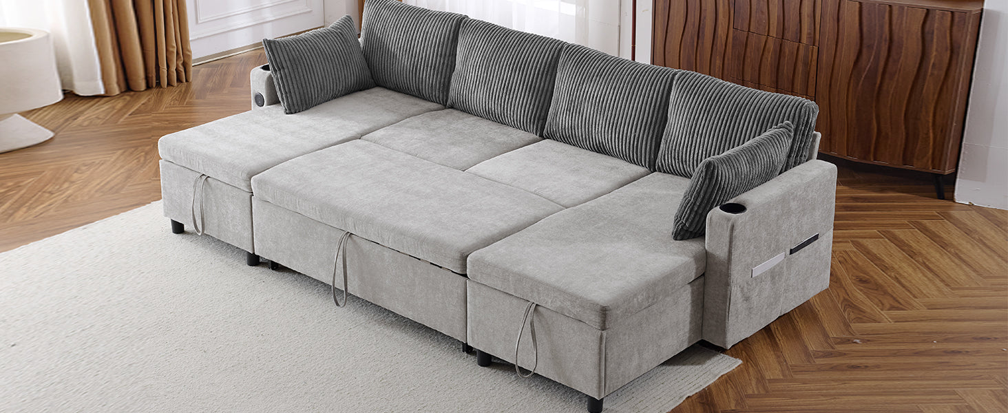 111.8" Sectional Sofa Pull Out Sofa Bed Versatile Sofa Sleeper With Large Storage Space, Two Usb Ports And Two Cup Holders For Living Room, Grey Grey Foam Chenille 4 Seat