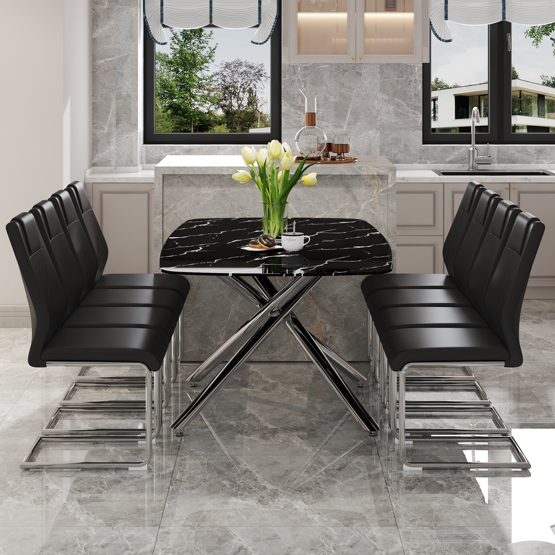 Table And Chair Set.Table And Chair Set.Modern Luxurious Black Marble Patterned Tempered Glass Dining Table With 8 Black Pu Chairs.Multiple High Quality Pu Dining Chairs With Silver Legs.