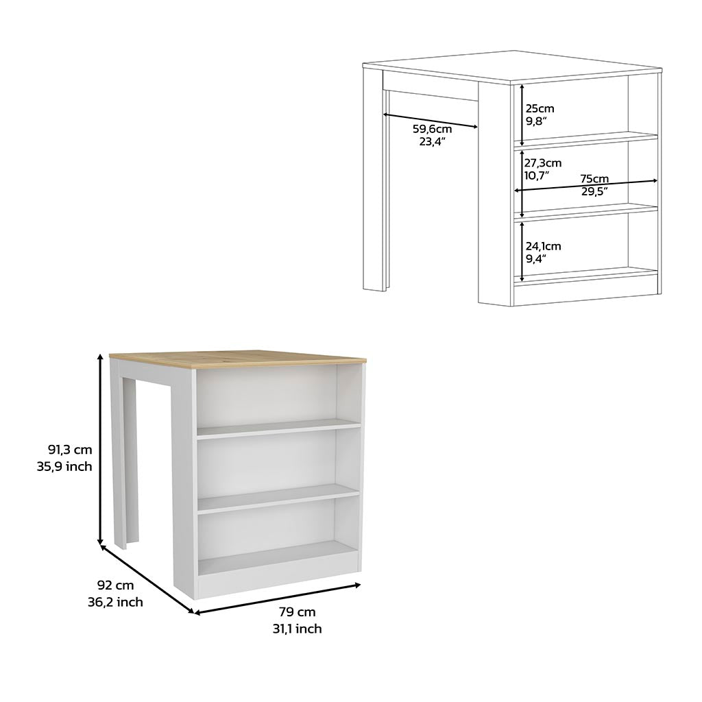 Kitchen Island Table, Two Legs, Three Side Shelves, White Pine Multicolor Solid Wood Mdf Engineered Wood