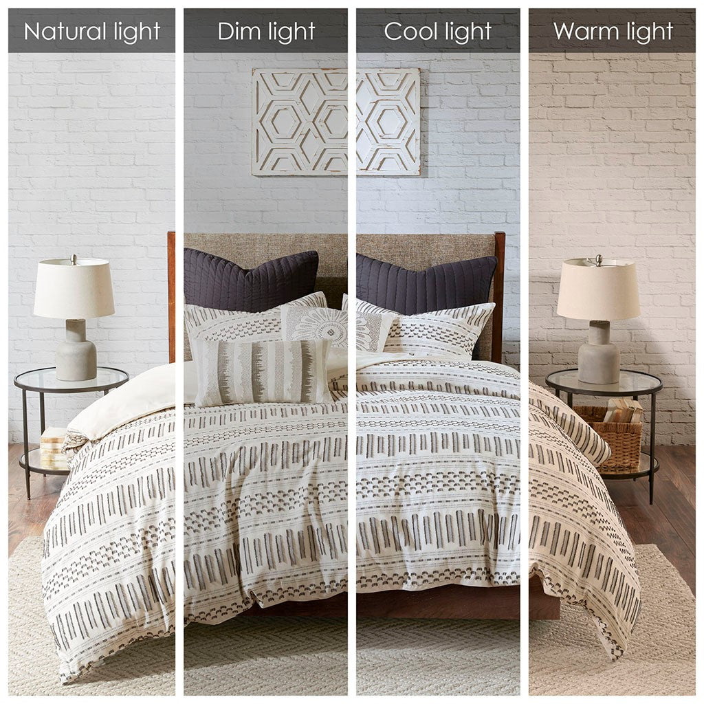 Cotton Jacquard Comforter Mini Set Ivory Charcoal Full Queen Queen Ivory Charcoal Cotton