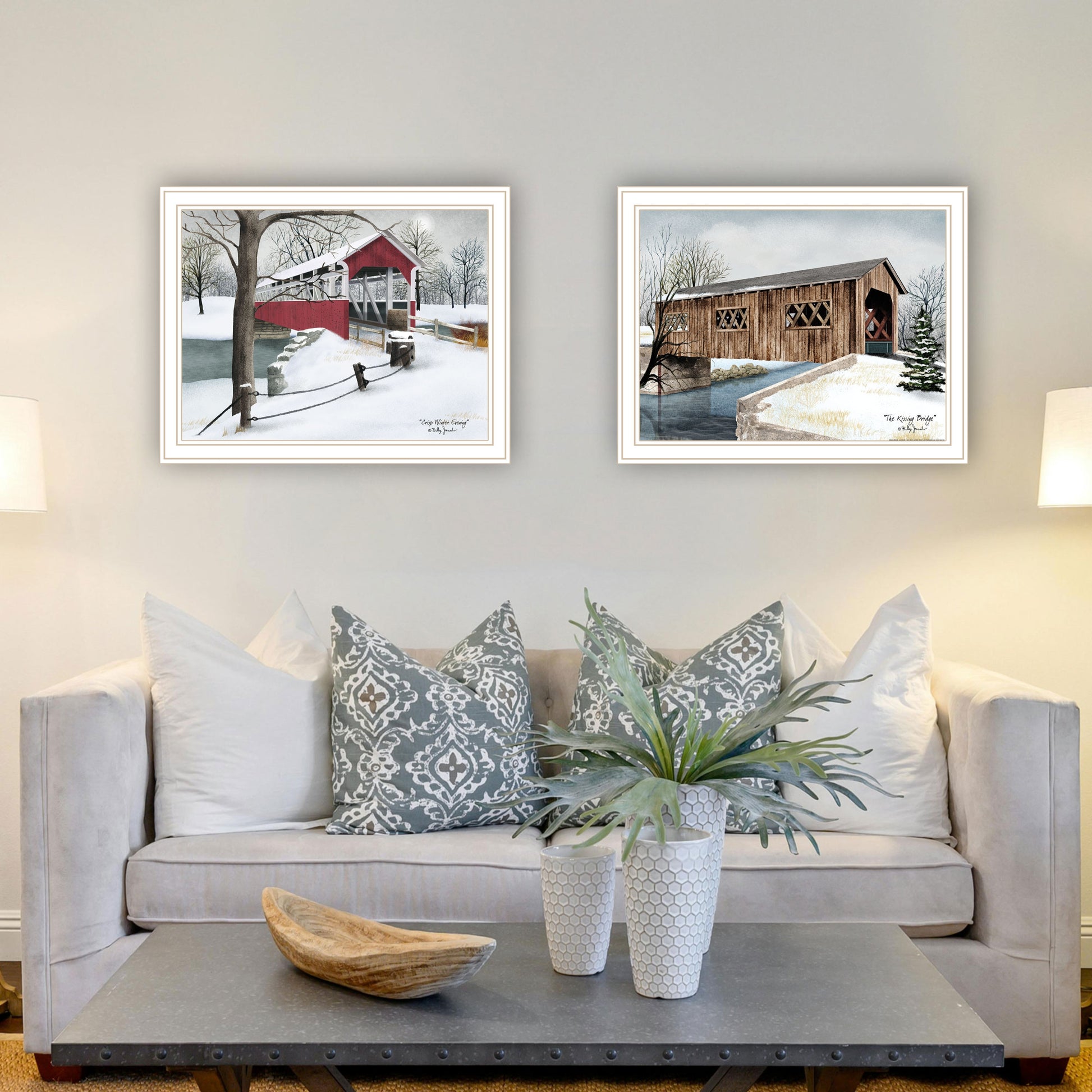 2 Piece Vignette Winter Covered Bridges White Framed Wall Art For Living Room, Bedroom Wall Art Print For Home Decor By Billy Jacobs Multicolor Wood Paper