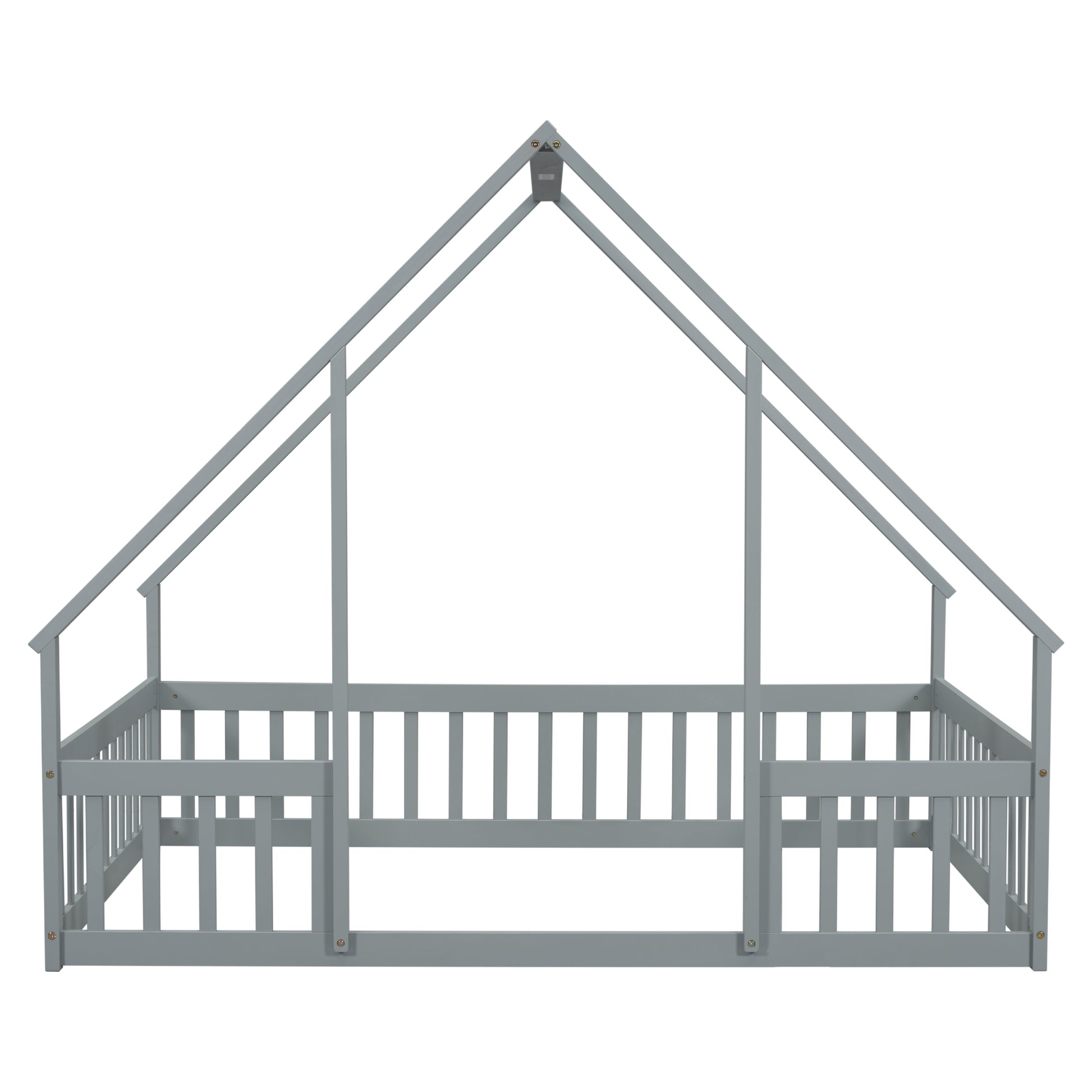 Full Wood House Shaped Floor Bed With Fence, Guardrails,Grey Full Grey American Design Pine