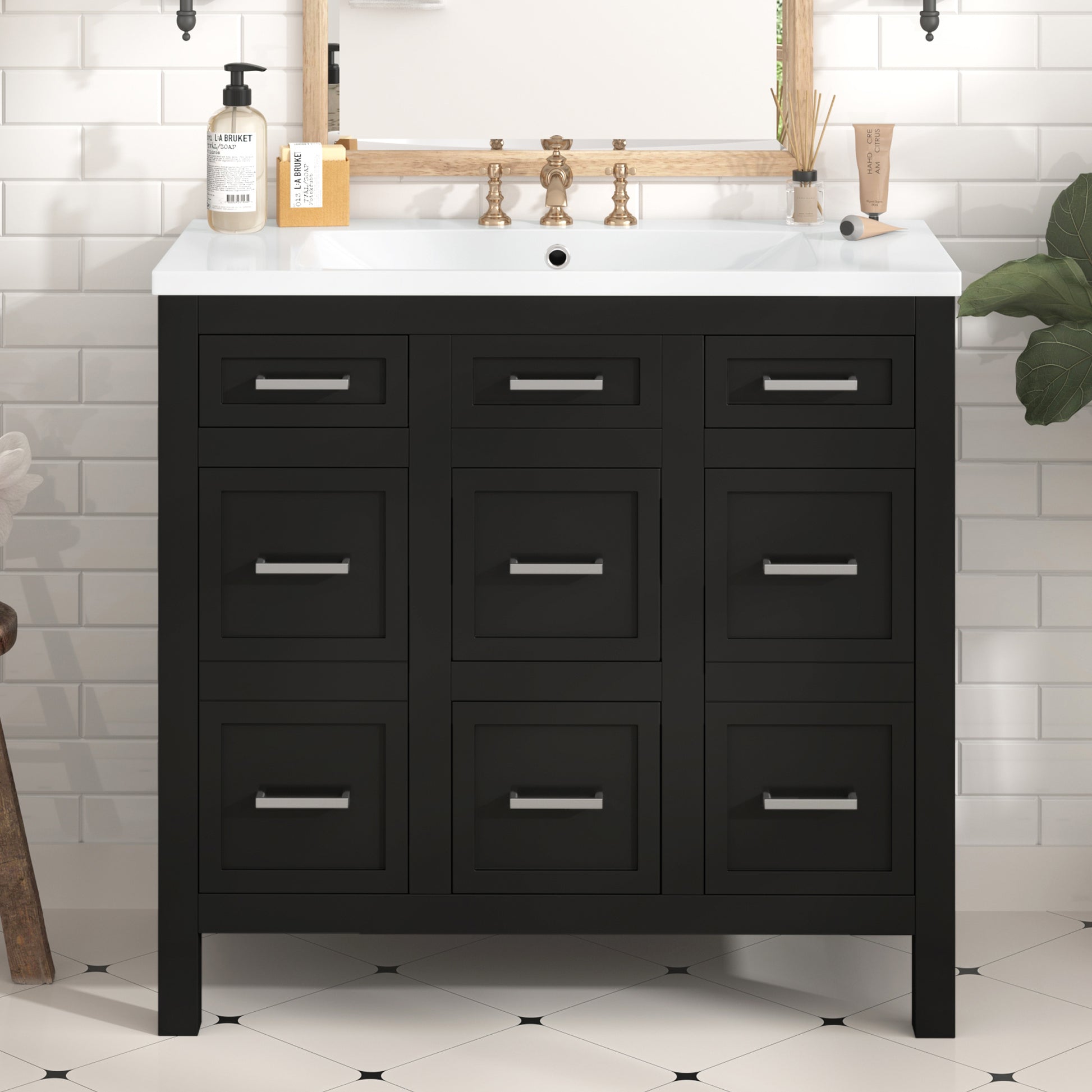 36" Bathroom Vanity Cabinet With Resin Integrated Sink 4 Drawers, 2 Doors Black Bathroom Solid Wood Mdf Resin