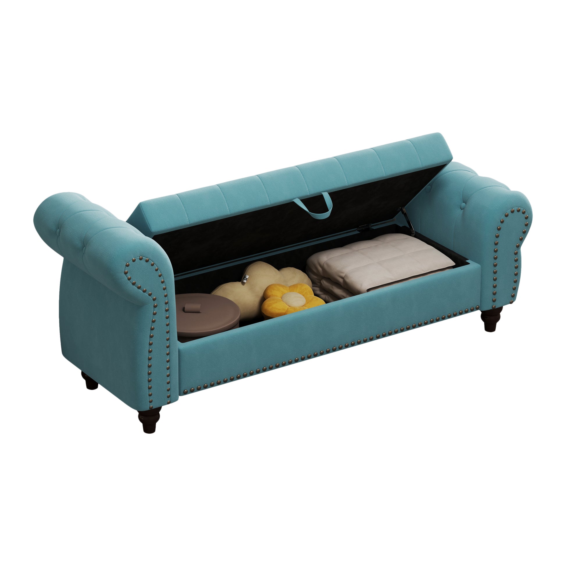 64.5" Bed Bench For Bed Room Nails Tufted Chaise Of Lounge With Storage Velvet Upholstery Lake Blue Lake Blue Foam Velvet