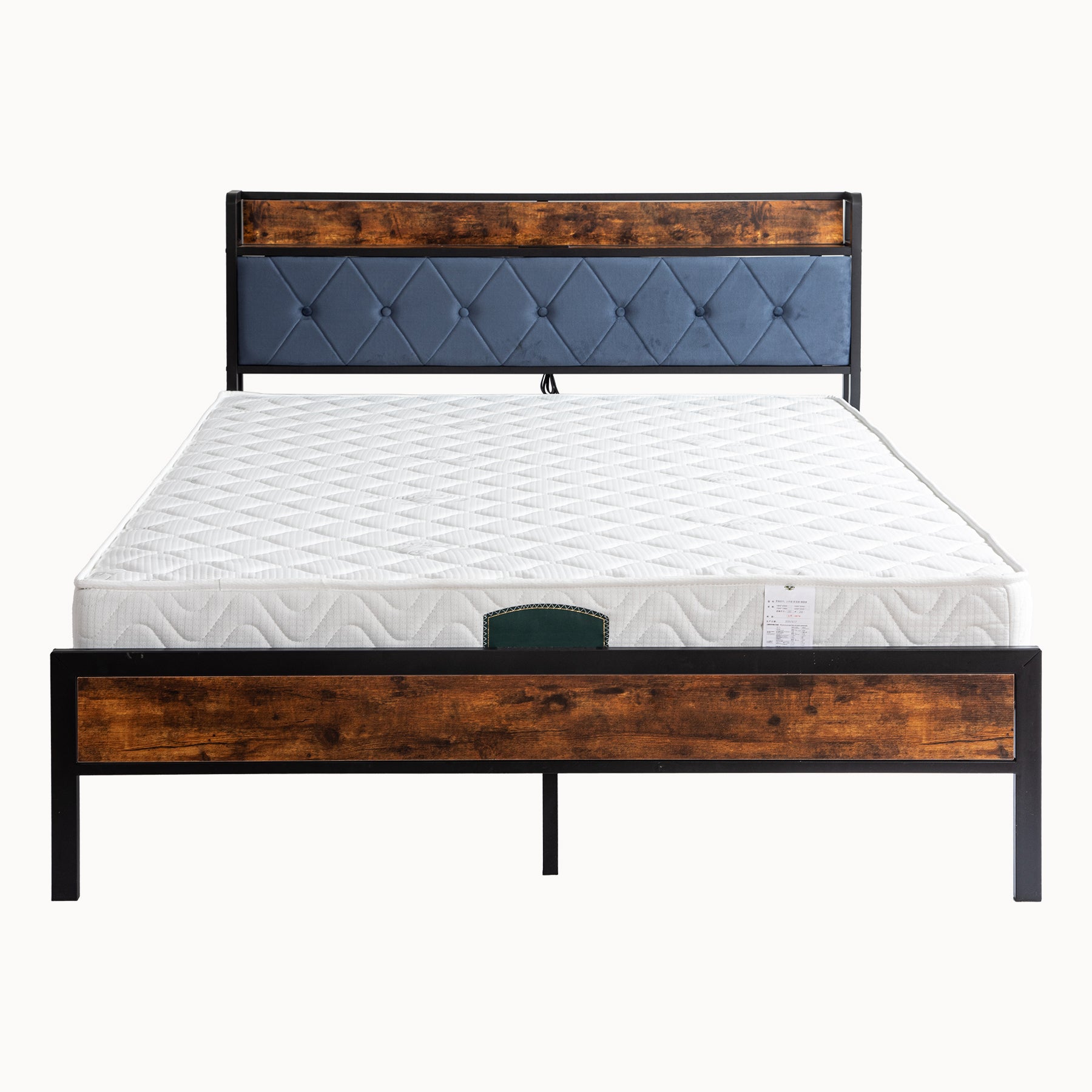 Black Queen Metal Bed Frame With Upholstered Headboard And Footboard And Iron Slats, Rustic Bed Base, Heavy Duty Platform Bed Frame,12 Inch Underbed Storage No Springs Required Box Spring Required Queen Black Dark Walnut Metal Brown Bedroom