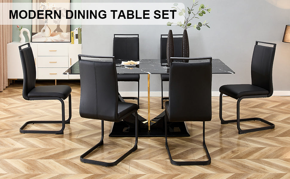 Table And Chair Set, Modern Dining Table, Patterned Table Top And Black Mdf Table Legs, Soft And Comfortable Dining Chair, Perfect For Dinner, Meetings, Home And Office Decor Black Mdf Glass