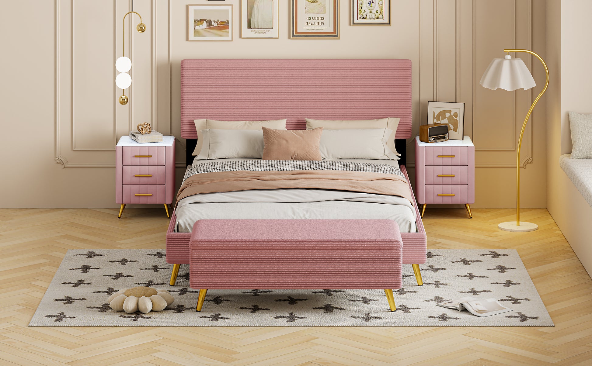 4 Pieces Bedroom Sets Queen Size Upholstered Bed Frame With Modern Corduroy Storage Ottoman And Nightstands,Pink Queen Pink 4 Piece Set Wood