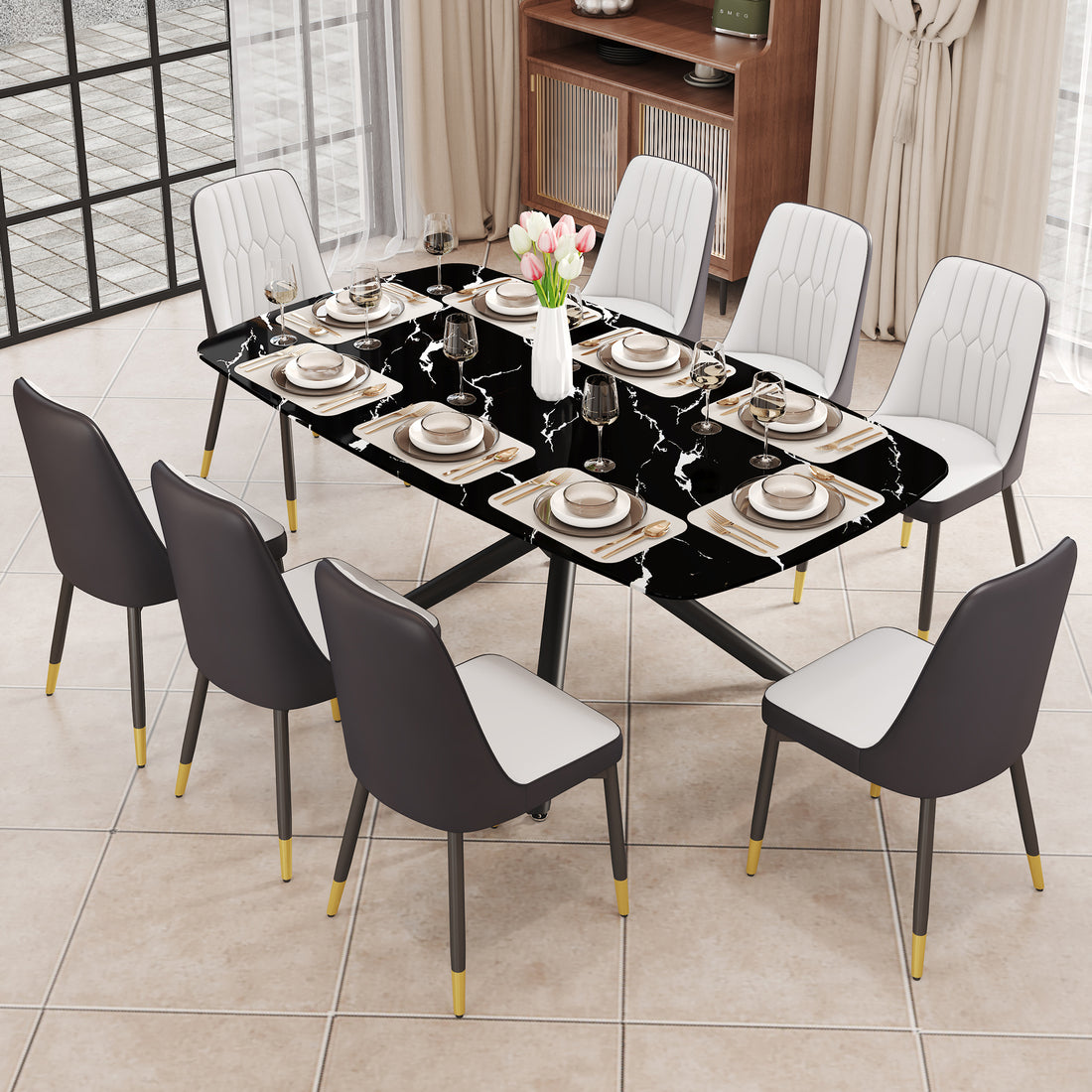 1 Table And 8 Chairs Set.A Rectangular Dining Table With A Imitation Marble Black Table Top And Black Metal Legs.Paired With 8 Chairs With Pu Leather Seat Cushion And Black Metal Legs.F 1537,C 007 Black Glass Metal