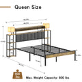 Queen Bed Frame With Storage, Platform Bed Queen Size With Led Lights And Charging Station, Dark Gray Velvet Headboard With Bookcase Shelves, No Box Spring Needed, Noise Free Box Spring Not Required