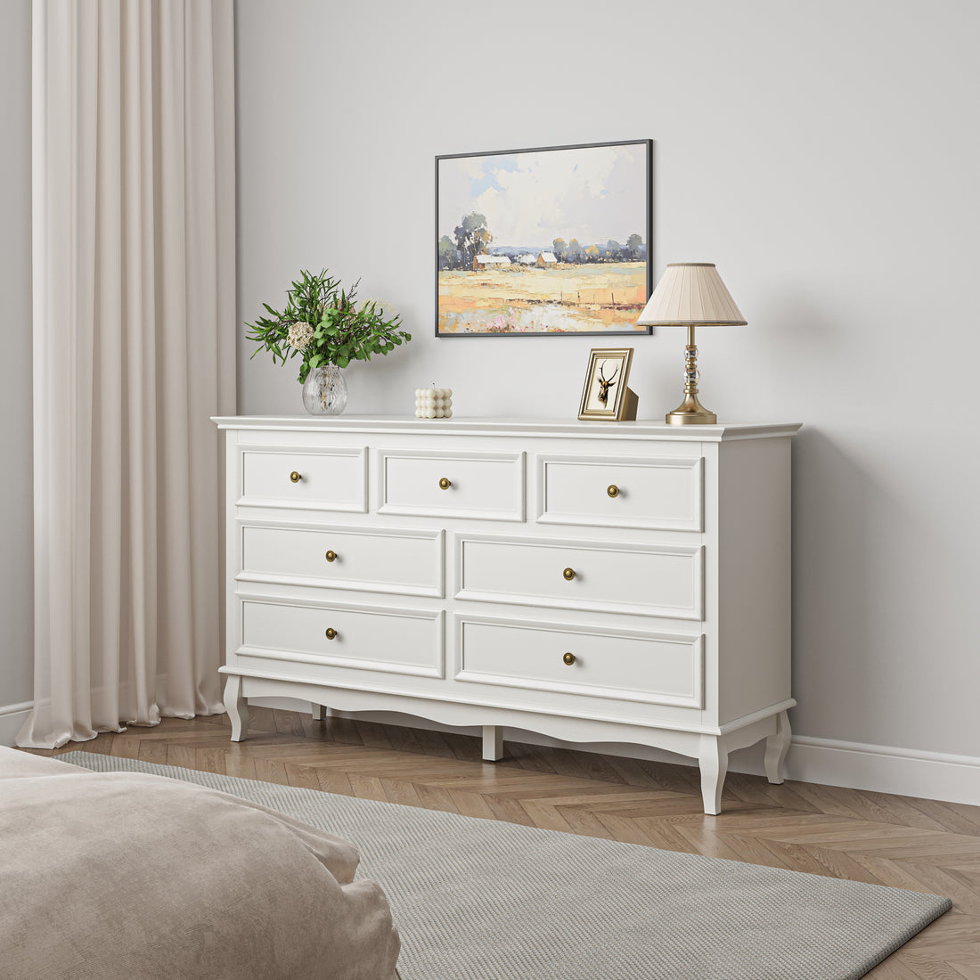 7 Drawer Dresser For Bedroom, Modern Solid Wood Large Storage Cabinet, Simple White Chest Of Drawer White White Wood