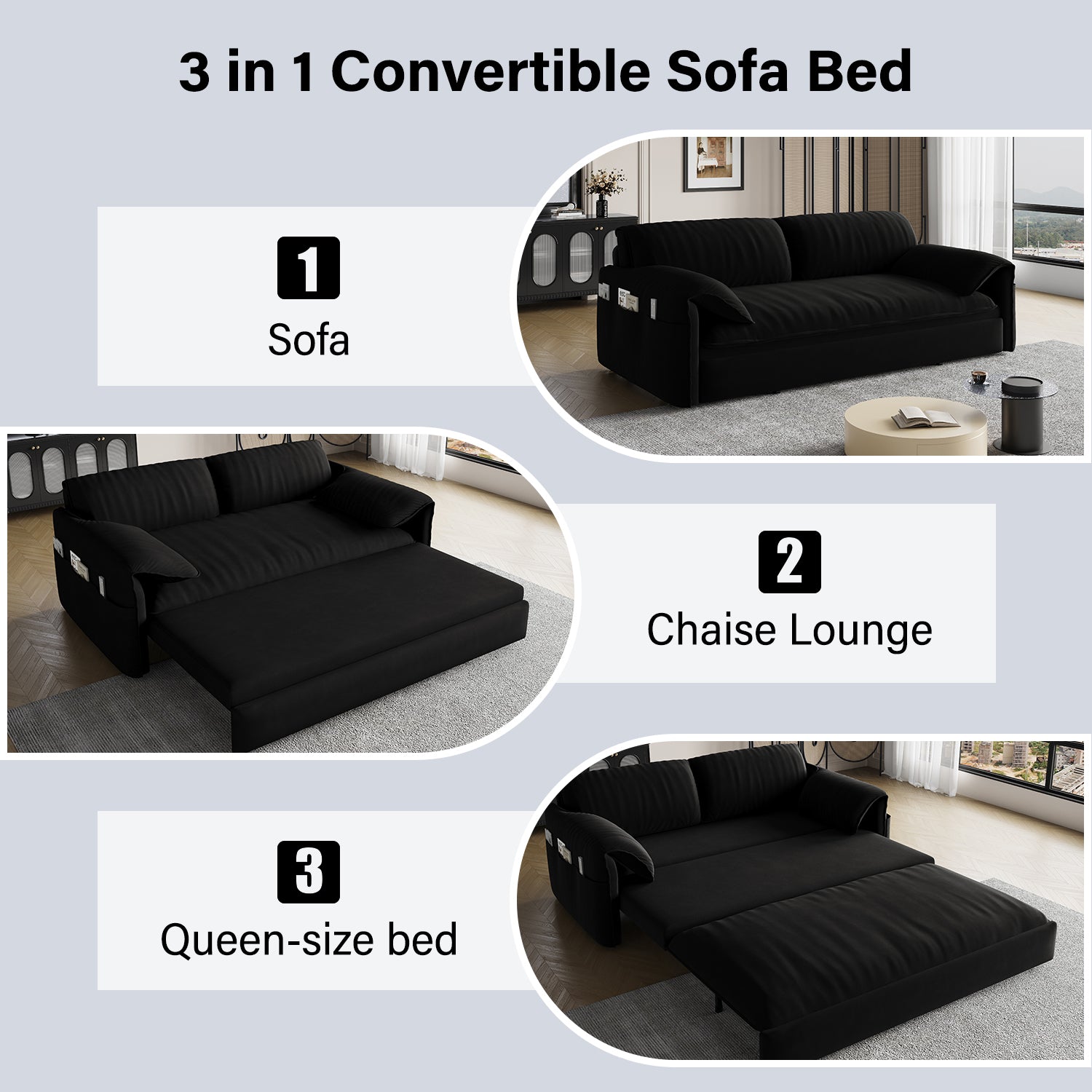 63.8" Queen Pull Out Sofa Bed, 3 In 1 Convertible Sleeper Sofa With Side Storage,Multi Functional Velvet Loveseat Bed For Living Room,Bedroom,Apartment,Office,Black Old Sku:W1885P151441 W1885P154638