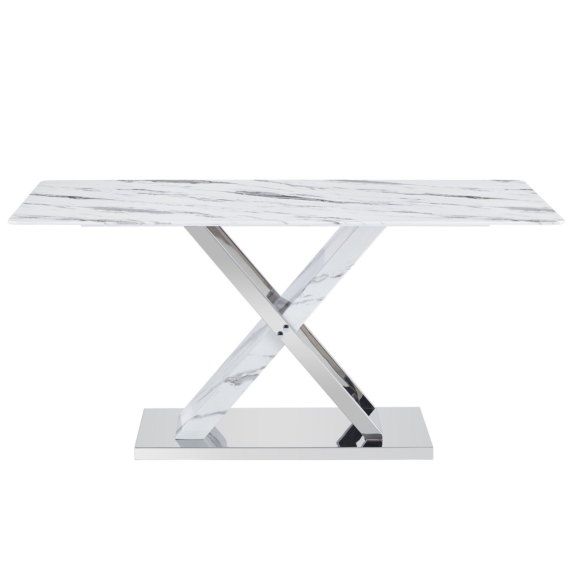 Table And Chair Set, Modern Dining Table, Imitation Marble White Top And Silver Legs, Soft And Comfortable Dining Chair, Perfect For Dinner, Meetings, Home And Office Decor White Silver Glass Metal