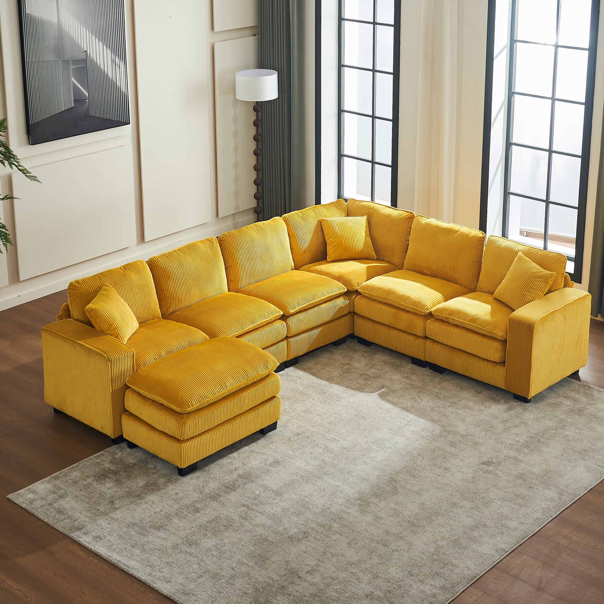Modern U Shaped 6 Seat Sectional Sofa Couch With One Ottoman And Three Toss Pillows ,Modular Sofa For Living Room,Corduroy Sofa Yellow Corduroy 7 Seat