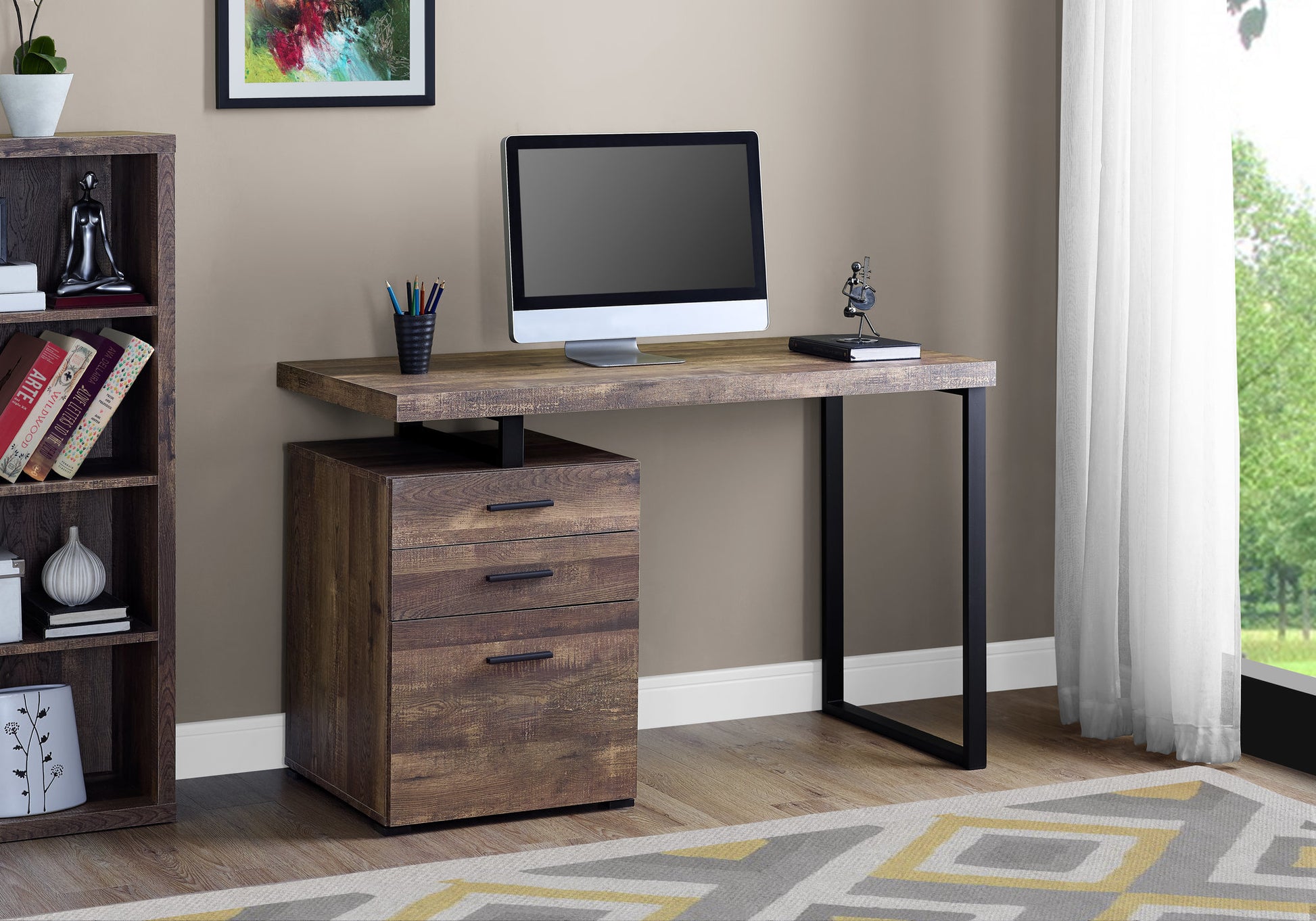 Computer Desk, Home Office, Laptop, Left, Right Set Up, Storage Drawers, 48"L, Work, Brown Laminate, Black Metal, Contemporary, Modern Brown Particle Board