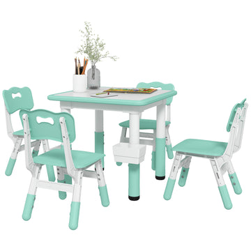 Qaba Kids Table And Chair Set, Height Adjustable 5 Piece Toddler Table And Chair Set With Storage Box, Easy To Wipe Activity Table With 4 Chairs For Ages 18 Months 5 Years, Green Green Mdf Metal