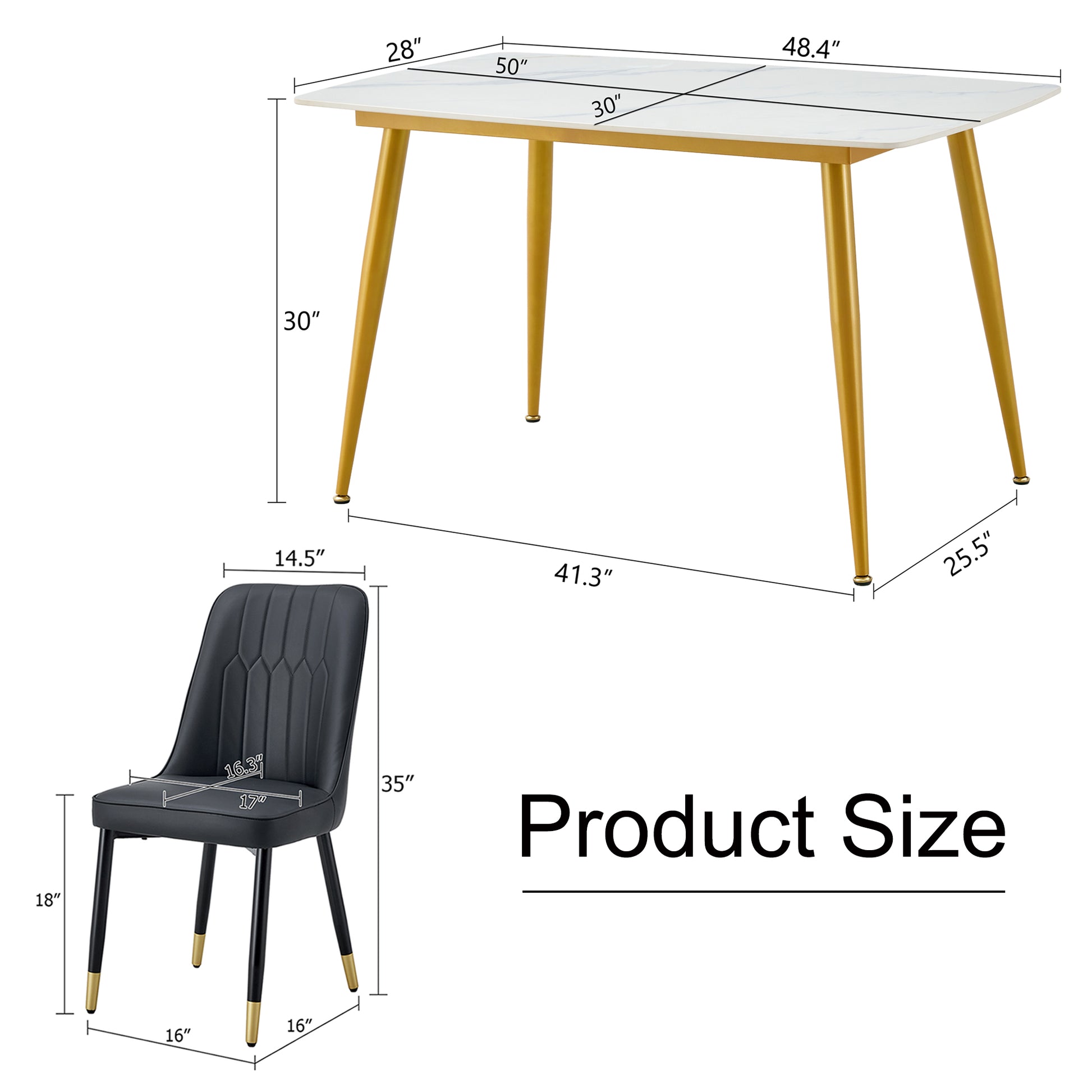 Table And Chair Set.A Morden Table With White Imitation Marble Patterned Stone Burning Tabletop With Golden Metal Legs.Paried With 4 Chairs With Pu Leather Backrest And Black Metal Legs. Black,White Gold Seats 4 Metal,Sintered Stone