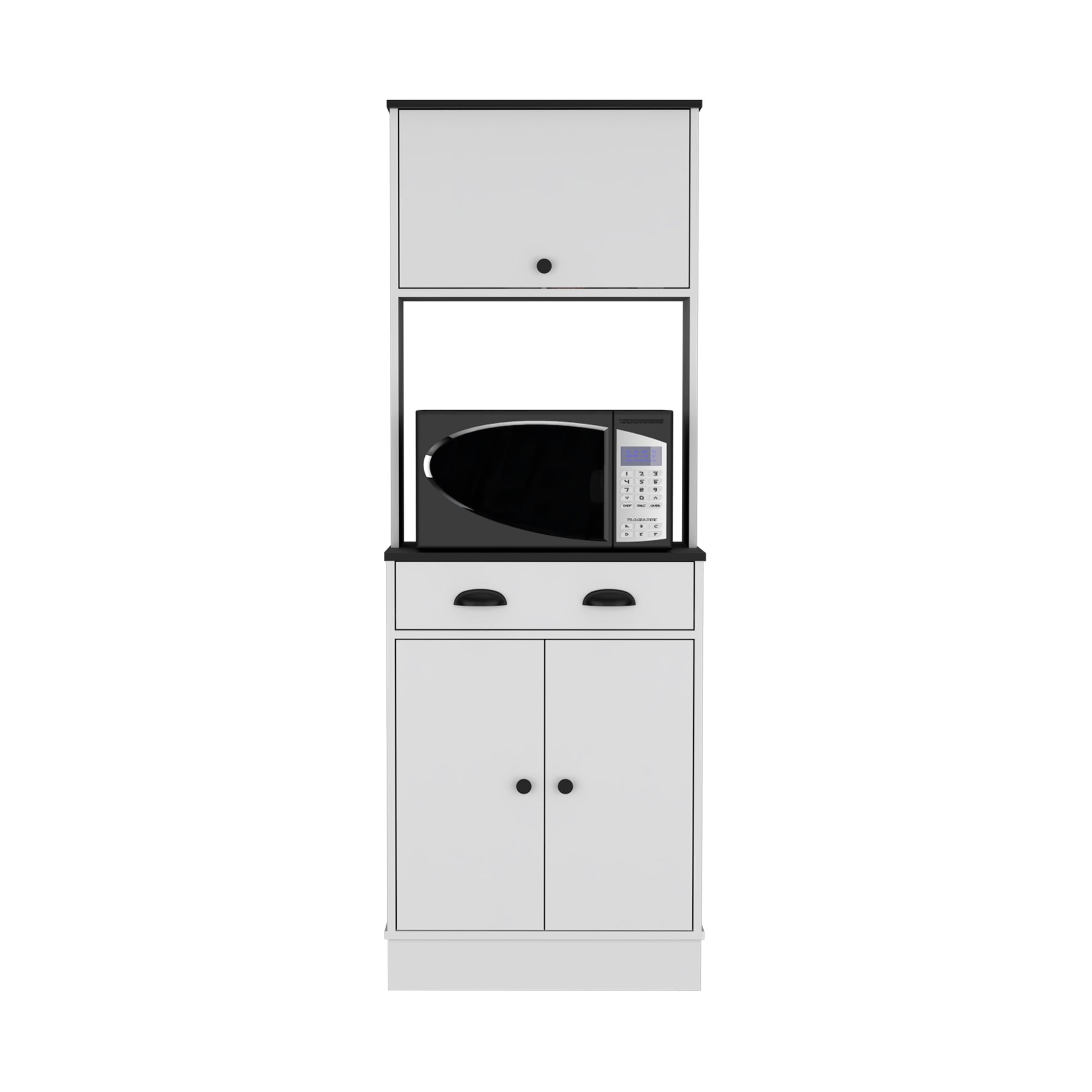 Apex Kitchen Pantry 66.3" H With Drawer, 2 Cabinets, And Microwave Stand, White Black White Black Solid Wood Mdf Engineered Wood