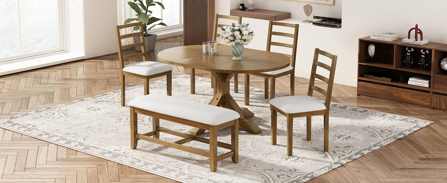 Farmhouse 6 Piece 60Inch Extendable Pedestal Dining Table Set With 18Inch Removable Leaf, 44Inch Bench And 4 Ladder Back Dining Chairs, Dark Brown Wood Dining Room Solid Wood Rubberwood Oval Dining Table With Bench Wood Wood Dark Brown Ladder Back Seats