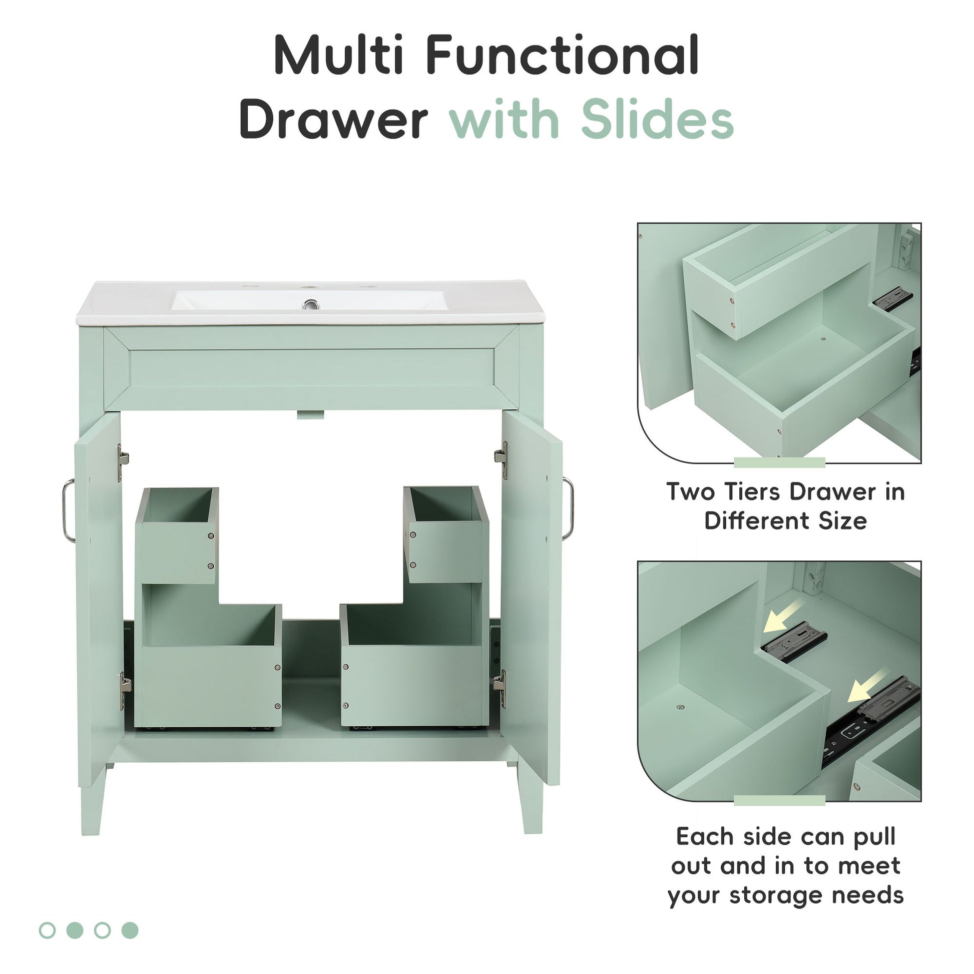 30" Bathroom Vanity With Sink, Multi Functional Bathroom Cabinet With Doors And Drawers, Solid Frame And Mdf Board, Green Green Solid Wood Mdf