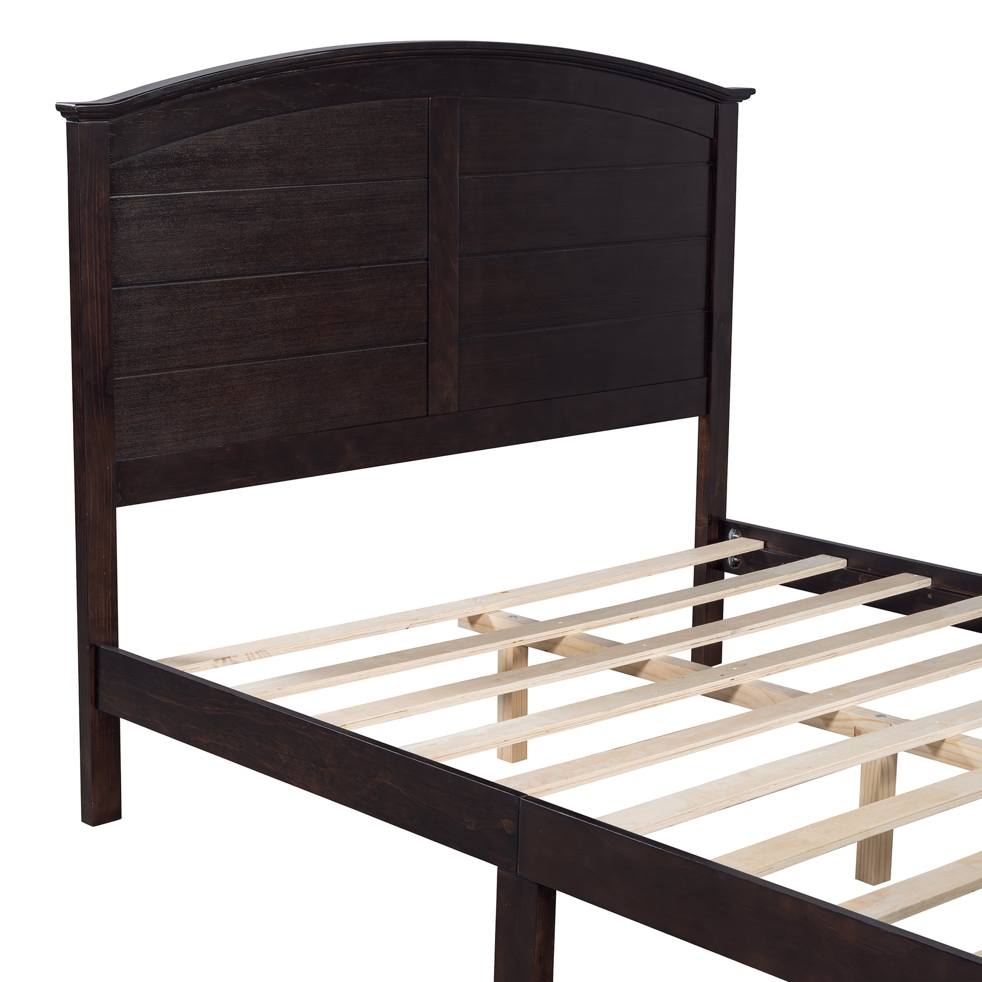 Farmhouse Wooden Platform Queen Size Bed With Curl Design Headboard And Footboard For Teenager, Espresso Queen Espresso Pine