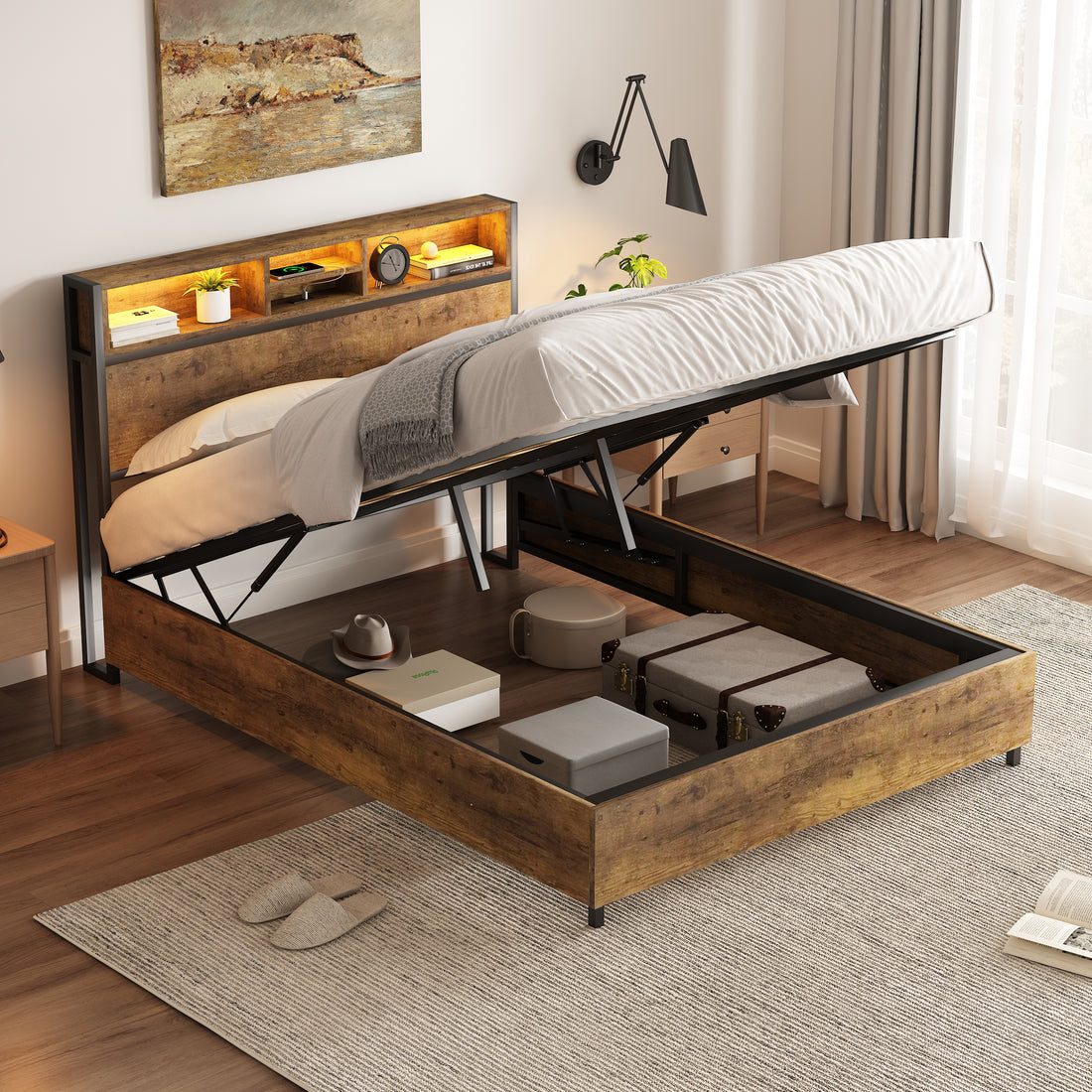 Metal Platform Bed With Underneath Storage, Led And Usb Ports, Full, Black Full Black Mdf Metal