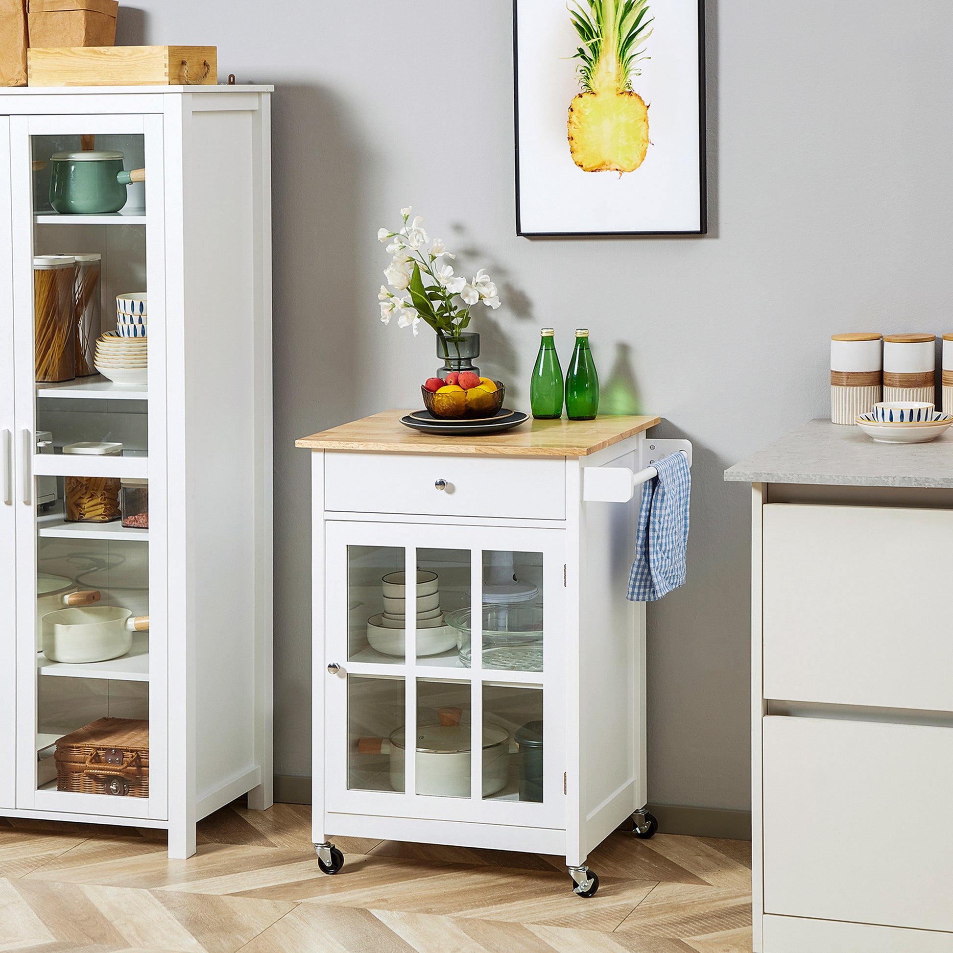 Homcom 27" Rolling Kitchen Island Cart With Drawer And Glass Door Cabinet, Kitchen Trolley With Adjustable Shelf And Towel Rack, White White Rubber Wood