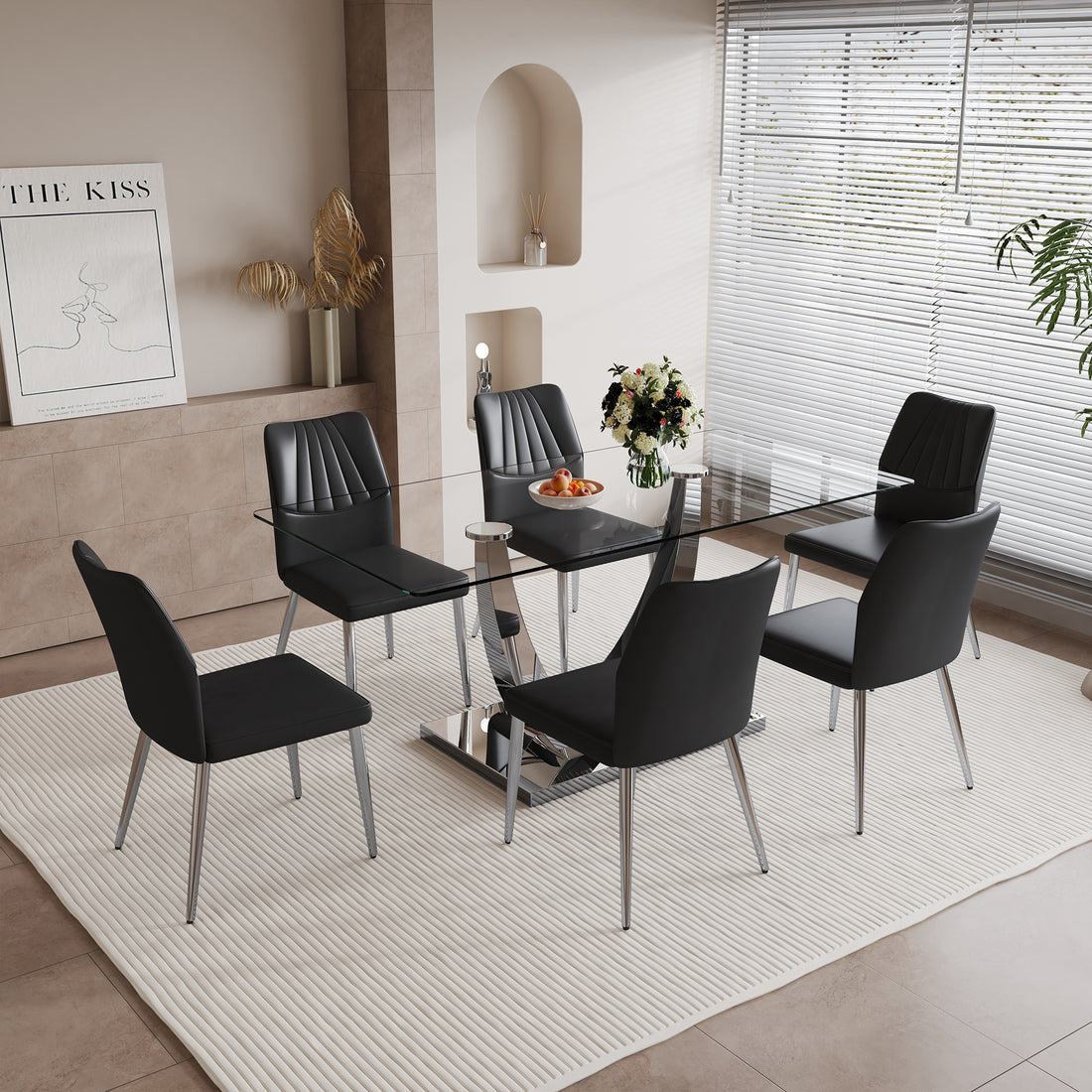 Table And Chair Set.Contemporary, Minimalist Rectangular Dining Table Featuring A Clear Tempered Glass Top And Sleek Silver Legs. Paried With Chairs Made Of Pu Material Cushion And Silver Metal Legs. Black Seats 6 Glass Metal