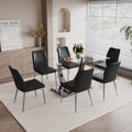 Table And Chair Set.Contemporary, Minimalist Rectangular Dining Table Featuring A Clear Tempered Glass Top And Sleek Silver Legs. Paried With Chairs Made Of Pu Material Cushion And Silver Metal Legs. Black Seats 6 Glass Metal