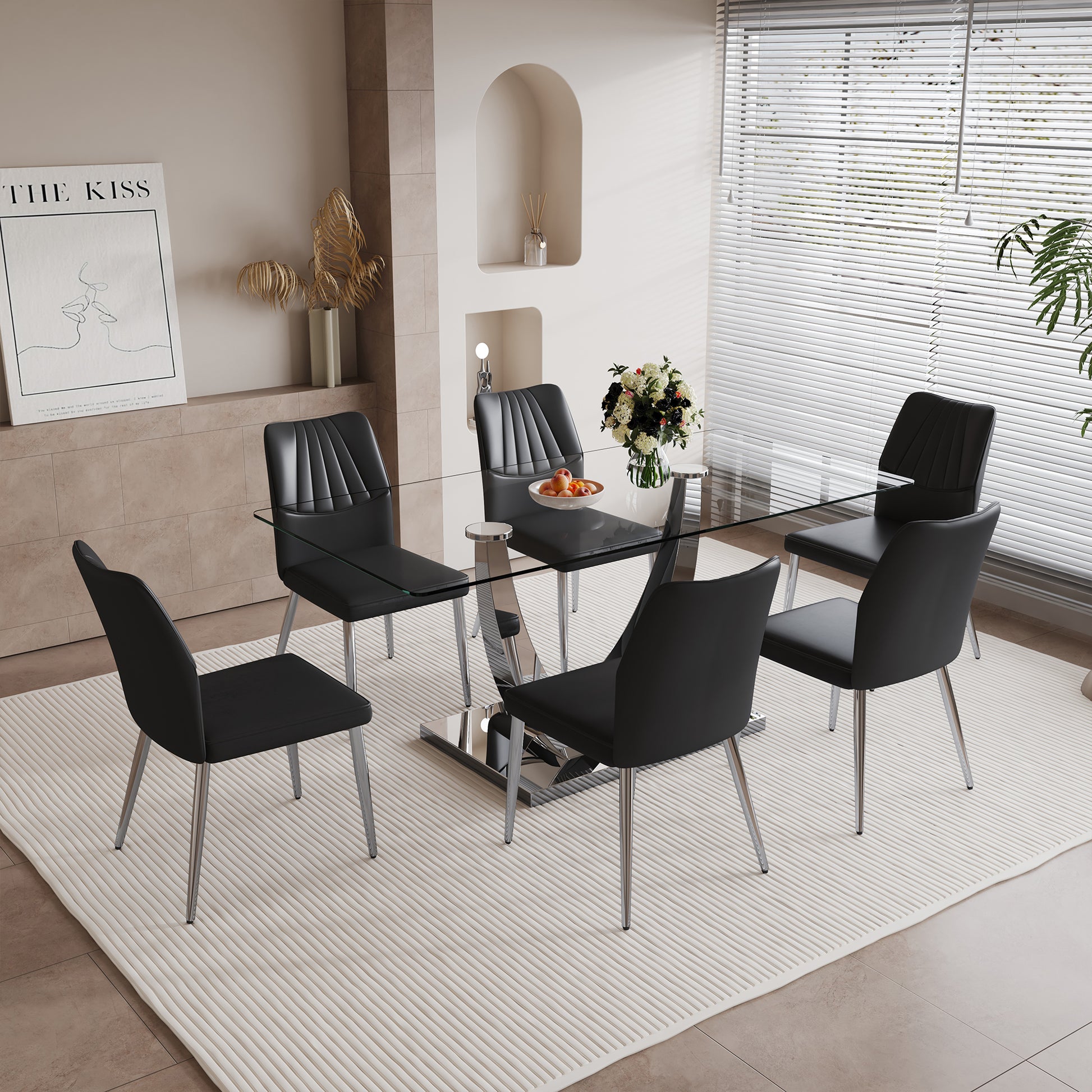 Table And Chair Set.Contemporary, Minimalist Rectangular Dining Table Featuring A Clear Tempered Glass Top And Sleek Silver Legs. Paried With Chairs Made Of Pu Material Cushion And Silver Metal Legs. Black Seats 6 Glass Metal