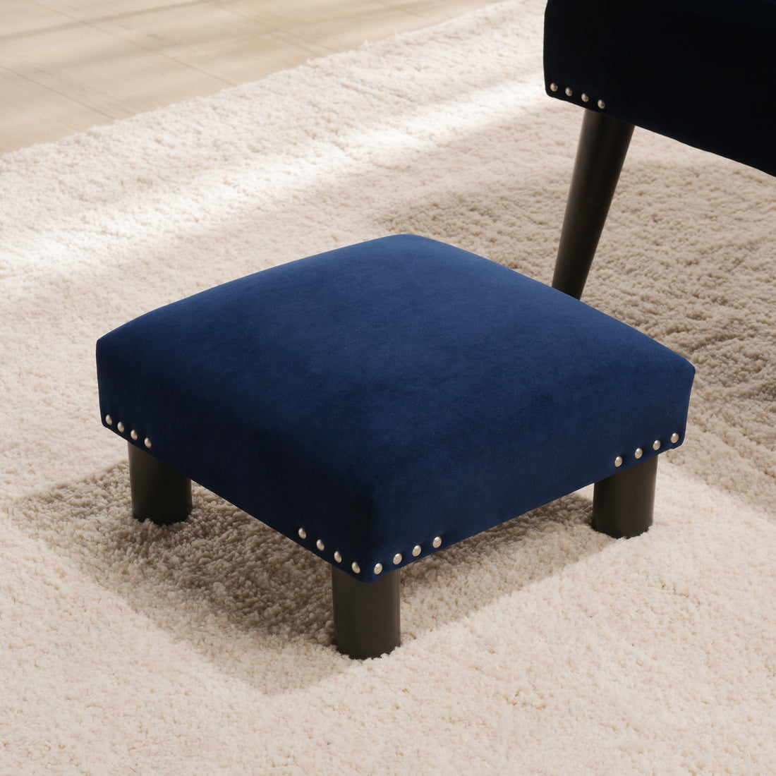 Jules 16" Square Accent Footstool Ottoman, Navy Blue Velvet Navy Blue Foam Velvet