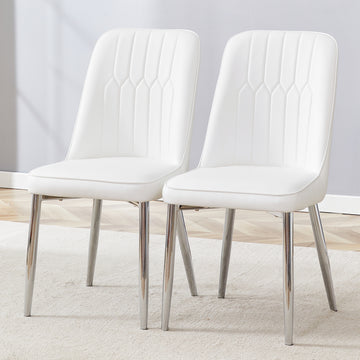 2 Modern Dining Chairs, Smooth Pu Leather Backrest And Silver Toned Metal Legs For A Comfortable Home Experience For Kitchens, Bedrooms And Offices. White Pu