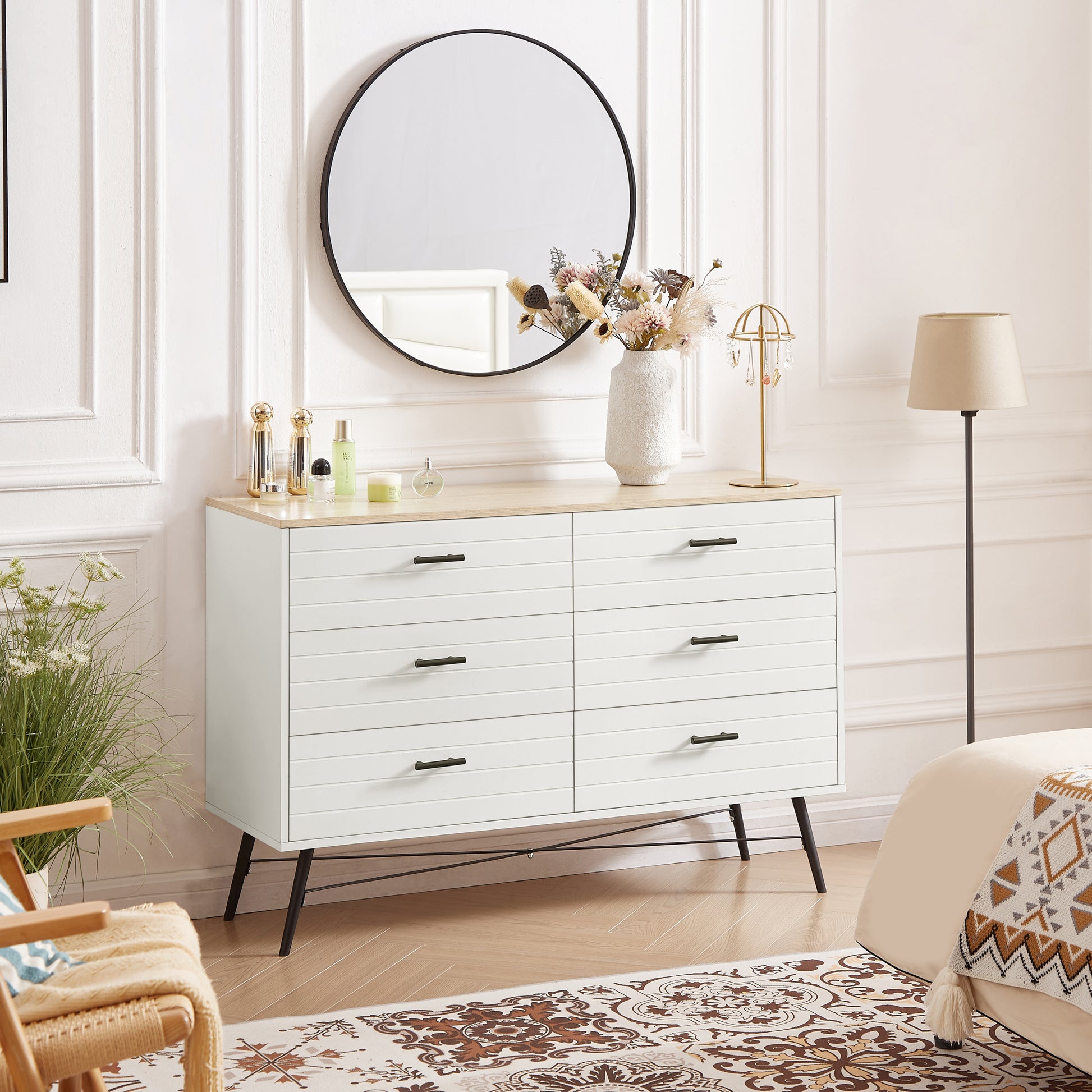 6 Drawer Dresser For Bedroom With Deep Drawers, Wood Dressers & Chest Of Drawers, Modern White Long Dressers For Closet Living Room, 47.2"W X 15.7"D X 31.5"H, White & Oak 5 Or More Drawers White Light Oak Brown Bedroom Rustic,Vintage Particle Board